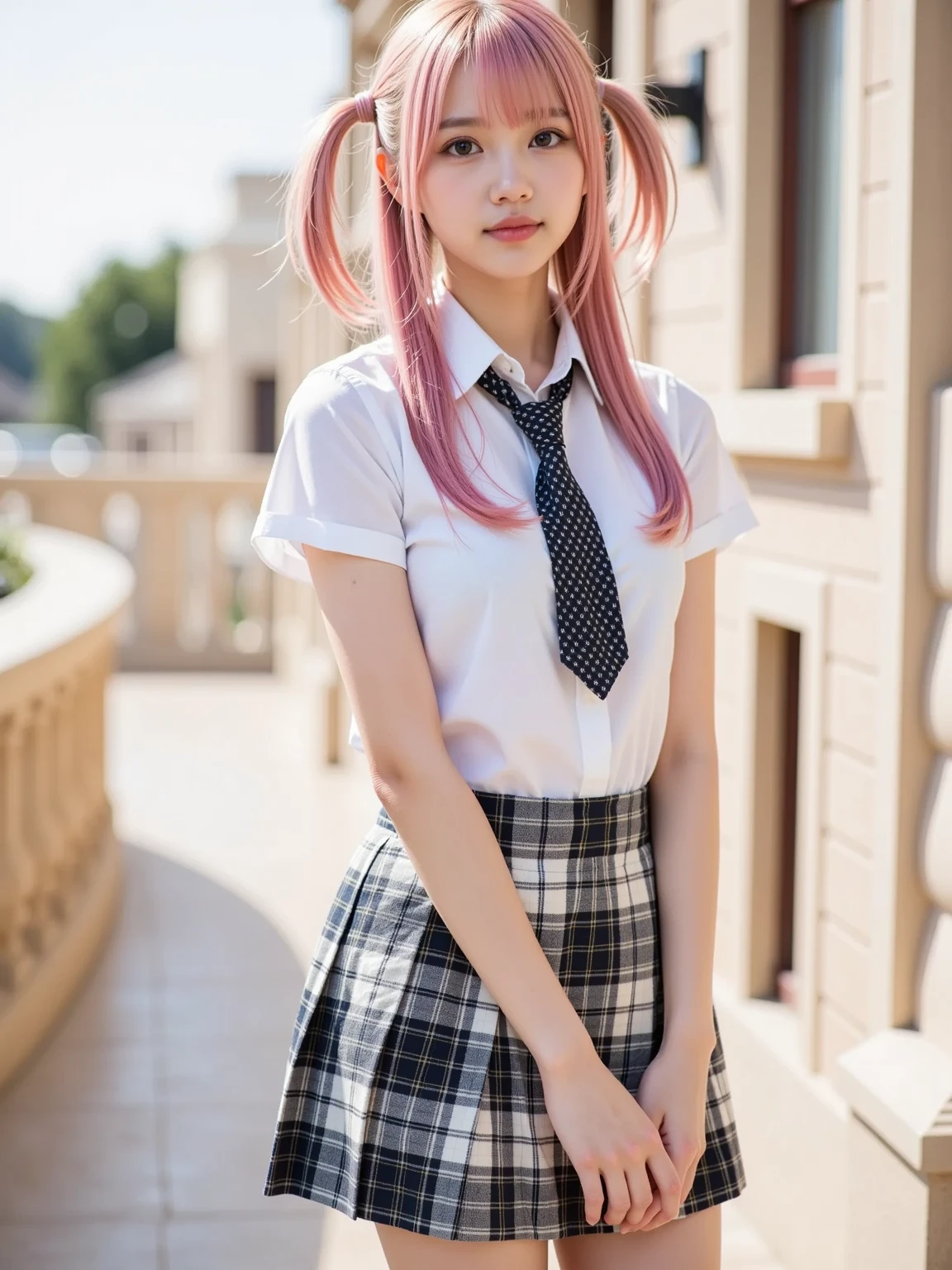 ((best quality, ultra-detailed, high resolution, extremely detailed CG, super detailed, Most beautiful clean lighting)), 1 girl, beautiful girl, cute girl and idol face, young face, smile, Beautiful long pink hair, twintails, Beautiful shining red eyes, white skin, slender, Short body, Japanese High School Girls' Uniforms, Schools, schoolyards, and commuting, school bag, after the rain, shine , rainbow, full body, 