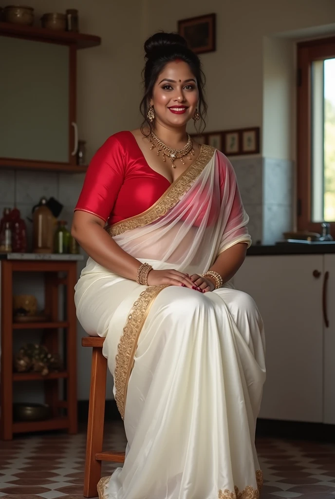 Day scene, A radiant, full-figured South Indian 3 aunty a white colour chiffon fully transparent kurta ,standing, in a office captured in a full-body image with vibrant hues and meticulous details. Full body image