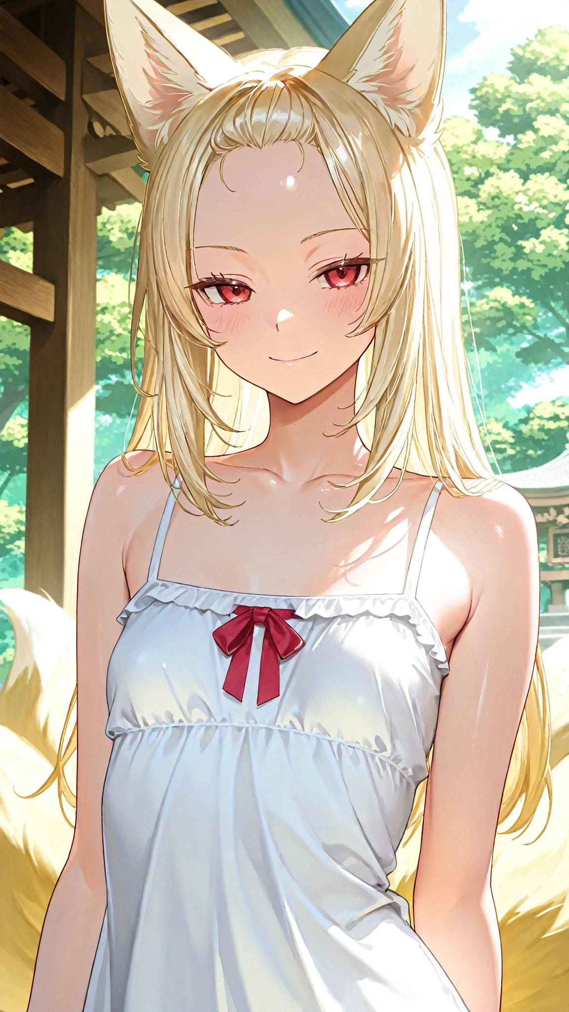 Cute naughty shrine maiden, Pastel colors hair, medium breasts, Thighs, short hair, (beige hair, parchment hair), (naked:1.3), (forehead:1.2, bangs pinned back, asymmetrical bangs, hairclip, side ponytail:1,2), standard height, (light smile, Large eyes, yuruyuri)