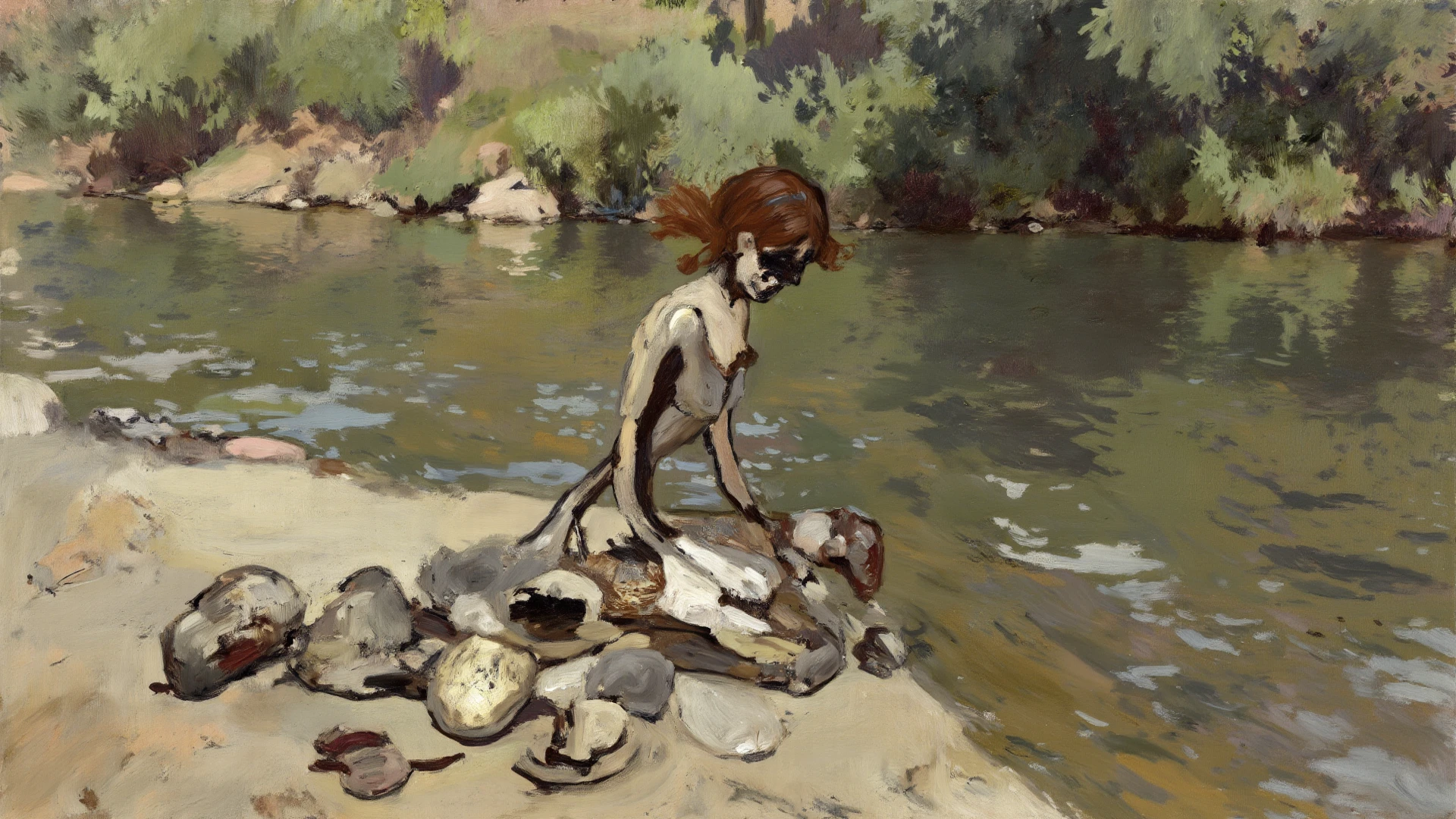 alone in the universe, in watercolor style, Photorealism, discreet golden and ruby and mint shades, (nude) gentle modest thin girl 16 years old (with a very beautiful exquisite face) southern type with short dark hair with beautiful breasts with tender nipples (barefoot) in a long orange skirt walking in the distance (Across the desert) with a jug in hand, stunted little plants, drought, precious jewelry on the neck and chest and on the wrists, precious bracelets, ankle bracelets