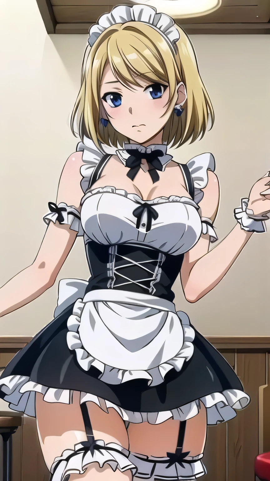 masterpiece, high quality, (realistic skin texture), (Anime Coloring), very well detailed, very well detailed, preface face, beautiful eye, perfect eyes, detail eye, big highlight, detail face, super detailed, detail eye, Symmetrical eye, (Dynamic Angle), ((dwarf)), (((expressionless))), sharp details, That Katamisuzu , blond hair, short hair, (half closed eyes:0.8), (small breasts:1.3), (slim, skinny), Ken1loli, nffsw, (beautiful breasts),(nffsw, maid uniform, frills, headband, miniskirt, frills, garter belt, coffee shop, blushing), detailed green hair, detailed blue eyes, intricate hairstyle, long hair, slim body, perfect eyes, youthful, hair accessories, earrings, half-updo, slightly dull bangs, detailed lighting, bright colors, looking at the viewer, in the center of the image, (cowboy shot:1.3), (1 girl), (young face:1.3), beautiful long legs, Beautiful body, Beautiful Nose, beautiful character design, perfect eye, perfect face,expressive eye, perfect balance , viewers,(Focus on her face),closed my mouth, (Innocent_big_eye:1.0), official art,Highly Detailed CG Unity 8K Wallpaper, perfect lighting,colorful, bright_Front _face_lighting,white skin, (masterpiece:1.0),(Highest_quality:1.0), High Resolution,4K,super detailed, photo shoot, 8k, High Resolution, High Resolution, (Absard Dress:1.2), Kodak Portra 400, FILM GRAIN, lens flare, ( vibrant_color:1.2), pro pics, (Narrow _ waist ),