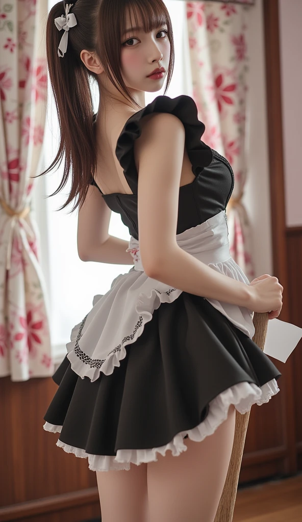 (Raw photo:1.2), (top-quality:1.2), high-definition RAW color photography, professional photograpy, Looking away, low angle shot, (Realistic:1.37), (photographrealistic:1.37), ((top-quality)), 25 year old woman, ciinematic light, (finerly detailed face:1.2), (top-quality:1.2), (Mole:0.9), Colossal tits, (Smile:1.1), hime-cut, Ribbed white panties, Crotch line, (Detailed Maid:1.2), Knee-length skirt, from behind, (8K:1.2), (masterpiece:1.2), (masterpiece:1.5)