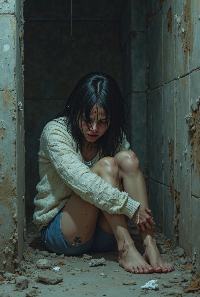 a brunette woman with straight hair, de 1,65m tall, is sitting on the floor of a dimly lit bathroom, almost dark, with walls covered in old paint and stained by time. She wears basic, dirty pajamas., stuck to the body by the sweat of fear. His face is pale, The wide eyes, reflecting the sheer horror of what he had just witnessed.
The cold, damp bathroom floor amplifies the feeling of despair, as she presses her back against the wall. Her trembling hands grip the edges of her pajamas, in an attempt to hold on to something real amidst the nightmare that surrounds her.
The sound of her heavy breathing echoes in the small space.. Fear paralyzes her, an invisible presence filling the air, heavy and suffocating. Something is lurking, and she can feel the slow, inevitable approach.
