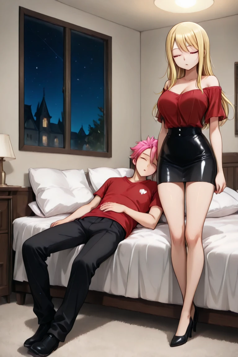 a anime of a woman wearing red dress is standing next to a little boy, Succubus in tight skirt, touch her clothes, wearing red dress, (SFW) Work, revealing clothes, sexy red dress, revealing clothing, wearing red dress, Dominant posture, her hands on her waist,female giant,Thick legs