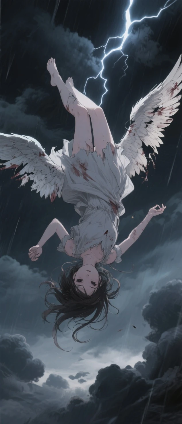 angelic girl falling upside down through a dark, stormy fantasy sky, her expression empty and hopeless, her once radiant wings torn, tattered, and stained, completely unable to fly; her delicate body is suspended mid-air, with a sensual and sorrowful posture, wearing a ragged flowing dress fluttering in the wind; surrounded by ominous clouds and flashes of lightning; anime style, dynamic composition, dark fantasy mood, cinematic lighting, beautifully detailed feathers, elegant yet tragic atmosphere