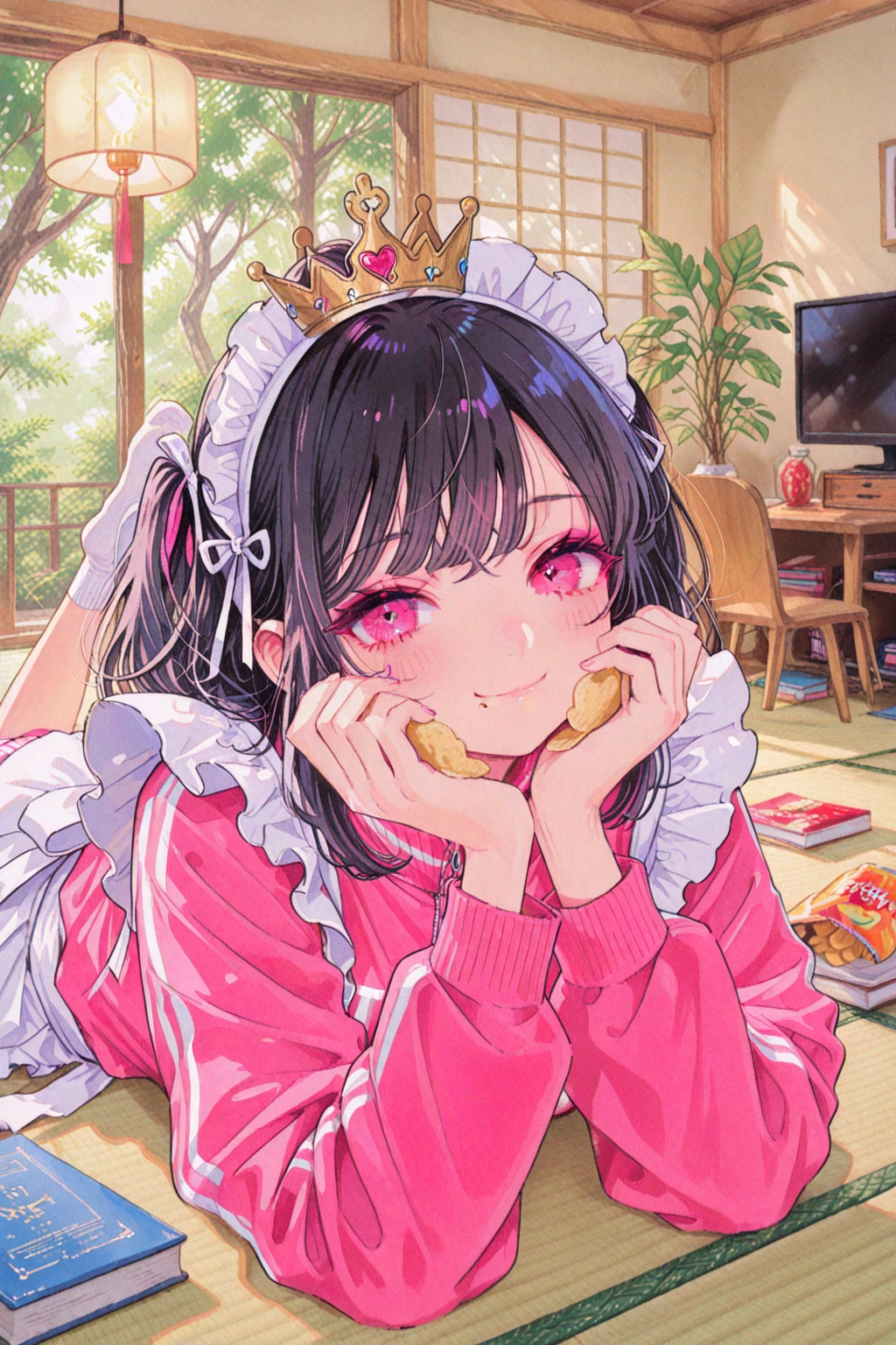 blush, cleavage,red fingerless gloves,glowing aura, natural light, masterpiece,  glossy skin, juicy lips ,long hair, cute, kawaii, adorable, reaching up, adult, cuddle, kawaii clothes,random hair style, random clothes, black hair, (((pink streaks in hair))), yellow eyes,