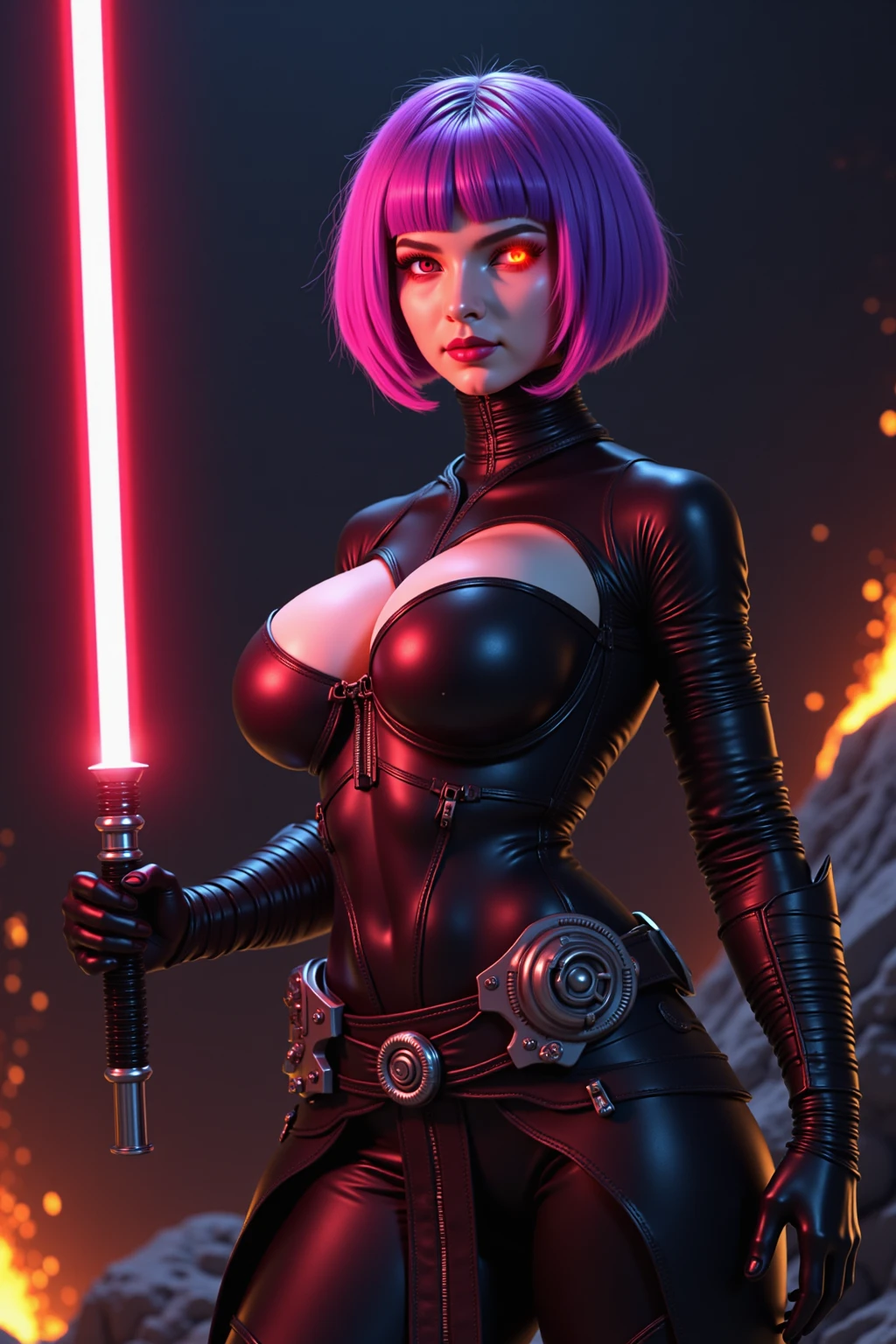 (Anime Line Art) A sexy Sith Warlord (alien, big breasts, fierce body tattoos, small fighting costume, looks unhinged, wielding a red light saber) is dueling with a Jedi woman (big butt, small breasts, sailor school outfit with scifi gadgets, short hair, big eyes, calm and composed, masterfully deflecting the sith attacker), set in a sci-fi high technology building