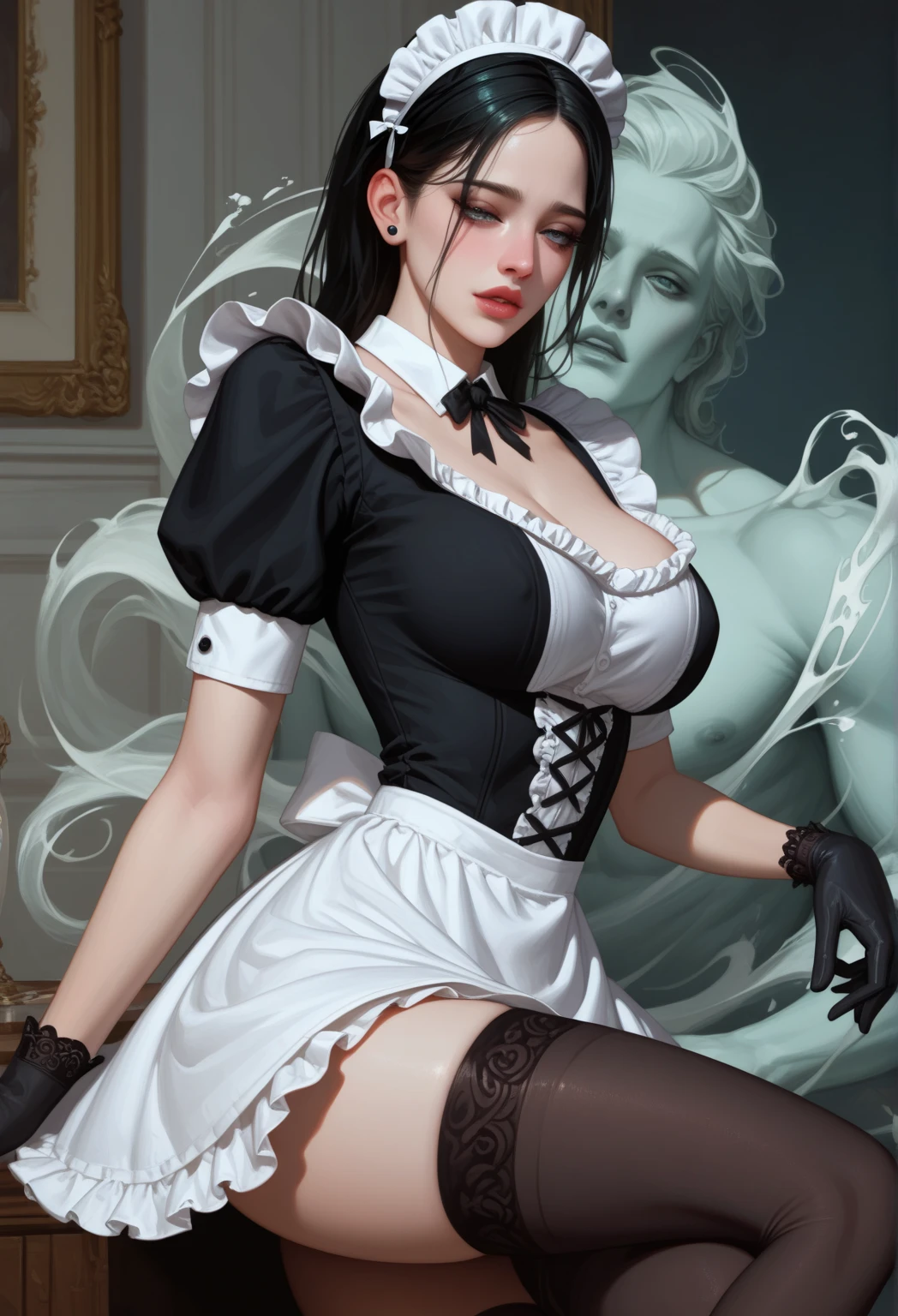 a muscular masculine batman wearing sexy maid outfit, beautiful detailed eyes, beautiful detailed lips, extremely detailed face, large breasts, high heels, maid cap, long black hair, dramatic lighting, moody atmosphere, cinematic composition, dark colors, chiaroscuro lighting, dramatic shadows, photo-realistic, high quality, 8k, hyperdetailed, masterpiece