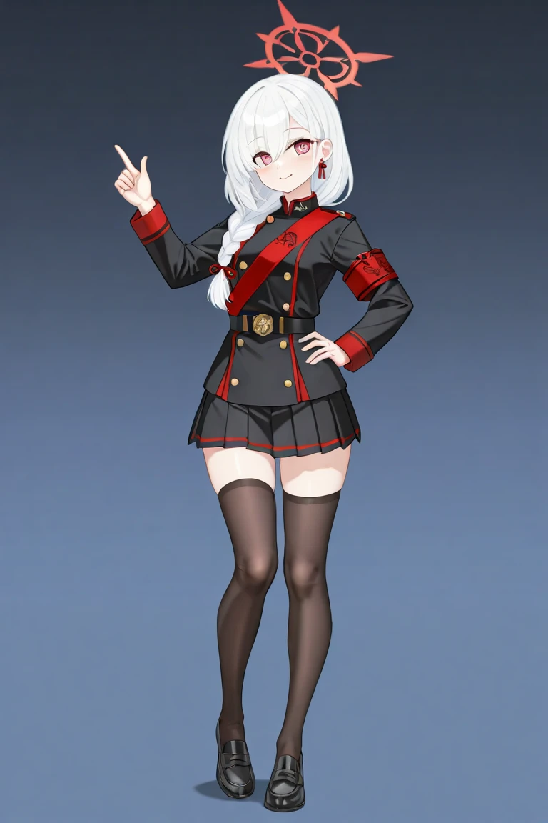 best quality, amazing quality, very aesthetic, absurdres, (1girl, mutsuki, blue archive, solo, red eyes, white hair, side ponytail), (realistic face:0.7), (smile, torn skirt), (cowboy shot), (glowing eyes:1.2), (half closed eyes:0.9), (thigh),perfect face, 4k, extremely detailed eyes, perfect anatomy, light rays, extremely delicate body, smooth skin, (gray background:1.5), clear eyes, beautiful face, small breasts, (Chiaroscuro:1.5), (highres:1.8), cinematic
