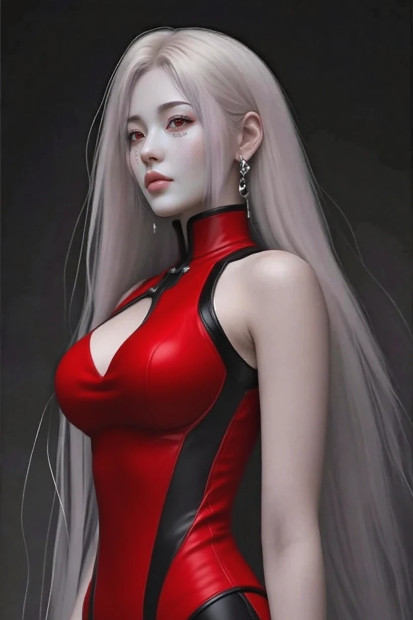 Girls, Bangs, Bare Shoulders, Black Pants, Breasts, Breasts squeezed together, Grey background, Hair between the eyes, Huge breasts, Long hair, View Viewer, Pants, Parted lips, Red eyes, Shirt, Simple background, Sleeveless, Sleeveless shirt, Solo, Turtleneck, V arm, White hair,(Shiny skin),(Masterpiece:1.4),(Best quality:1.4),,Facigirl,Red lips,Perfect abs, Navel, (nipple: 1.5), (sheer areola), nipple, huge, sweat, whole body