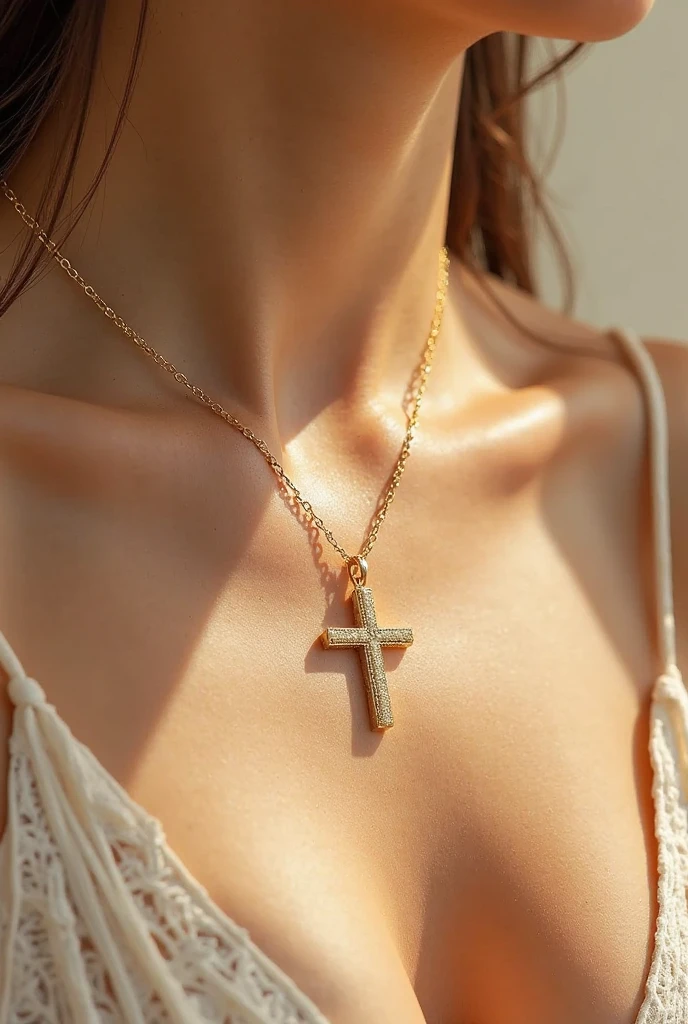 Araffada woman wearing a brown tank top and a cross necklace., Las cuentas cruzan el pecho desnudo, collar de perlas, gargantilla perla, perlas, collar, Collares de oro y perlas, cactus y perlas sobre la cabeza, opulento collar de perlas, Lujoso sin cuello, Perlas y cadenas, Perlas reales, Collar de conchas Puka, collares de perlas, collar de gargantilla, gargantilla