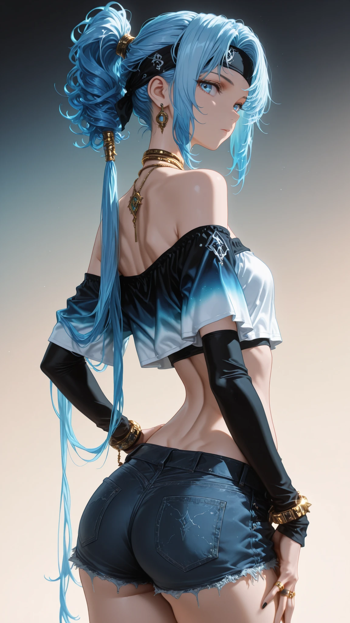 Gwen,White border on red background，Sitting down，Back view，Blush stickers，D-cups，2D art style，Q version characters，blue hairs，Double ponytail curls，Bow knot，ahegao face，White top，Hell Whisperer style,Love background，Fleshy thighs，highly rendered，detailed face with