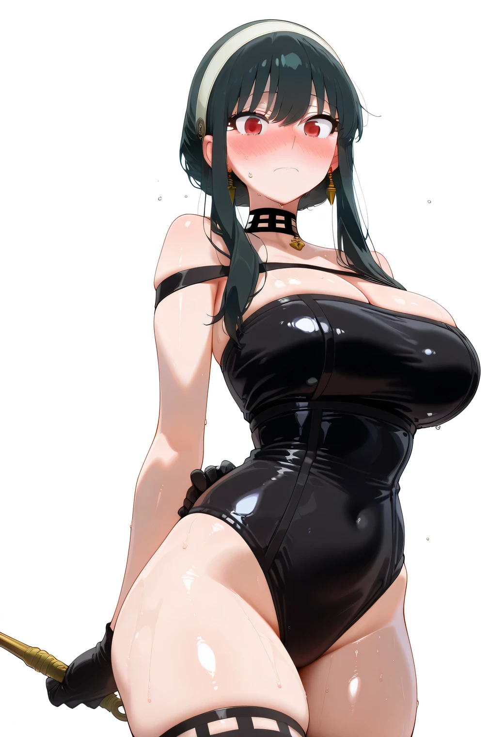 1girl, solo, long hair, breasts, blush, bangs, simple background, black hair, navel, cleavage, bare shoulders, closed mouth, standing, collarbone, swimsuit, ponytail, thighs, cowboy shot, sweat, choker, grey background, huge breasts, black eyes, leotard, groin, v-shaped eyebrows, looking to the side, bare arms, frown, thick thighs, high ponytail, between breasts, revealing clothes, curvy, cropped legs, wide hips, outline, hands on hips, center opening, hip focus, red leotard, slingshot swimsuit, hair pulled back, red one-piece swimsuit, yaoyorozu momo ,Style7