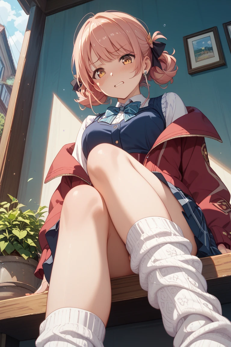 Masterpiece to the smallest detail、top-quality、1girl in、Solo looks 12 years old、150cm petite beautiful girl、small tits、12-year-old baby face、red hairs、Gradient bob in the forward、Pink and violet mesh、red eyes、Red eyes、Tall, big eyes、Outstanding looks、A lovely child、proximity、closed_mouth、a smile、red blush、full of shyness、blue headwear、Hats、pink bowtie、校服、 Blue jacket、jaket、skirt by the、Gray skirt shirt、white shirt、an legs、Black socks、sitting on、Classroom、hair_ornament、looking_at_viewer、beatiful detailed eyes、Akame、panties on、lift up one's skirt、Professional effects、