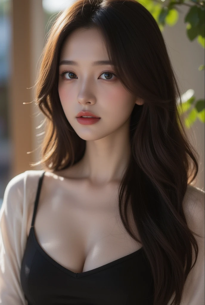1girl, (looking at viewer:1.2), detail face, (a girl standing, rending on cgsociety, black shadows, streaming, new york backdrop), romanticism, atmospheric, (RAW photo, best quality), (realistic, photo-realistic:1.3), masterpiece, an extremely delicate and beautiful, extremely detailed, D cup，Cleavage，Translucent tube top1.5，Exquisite eye details，Charming smile 1.5