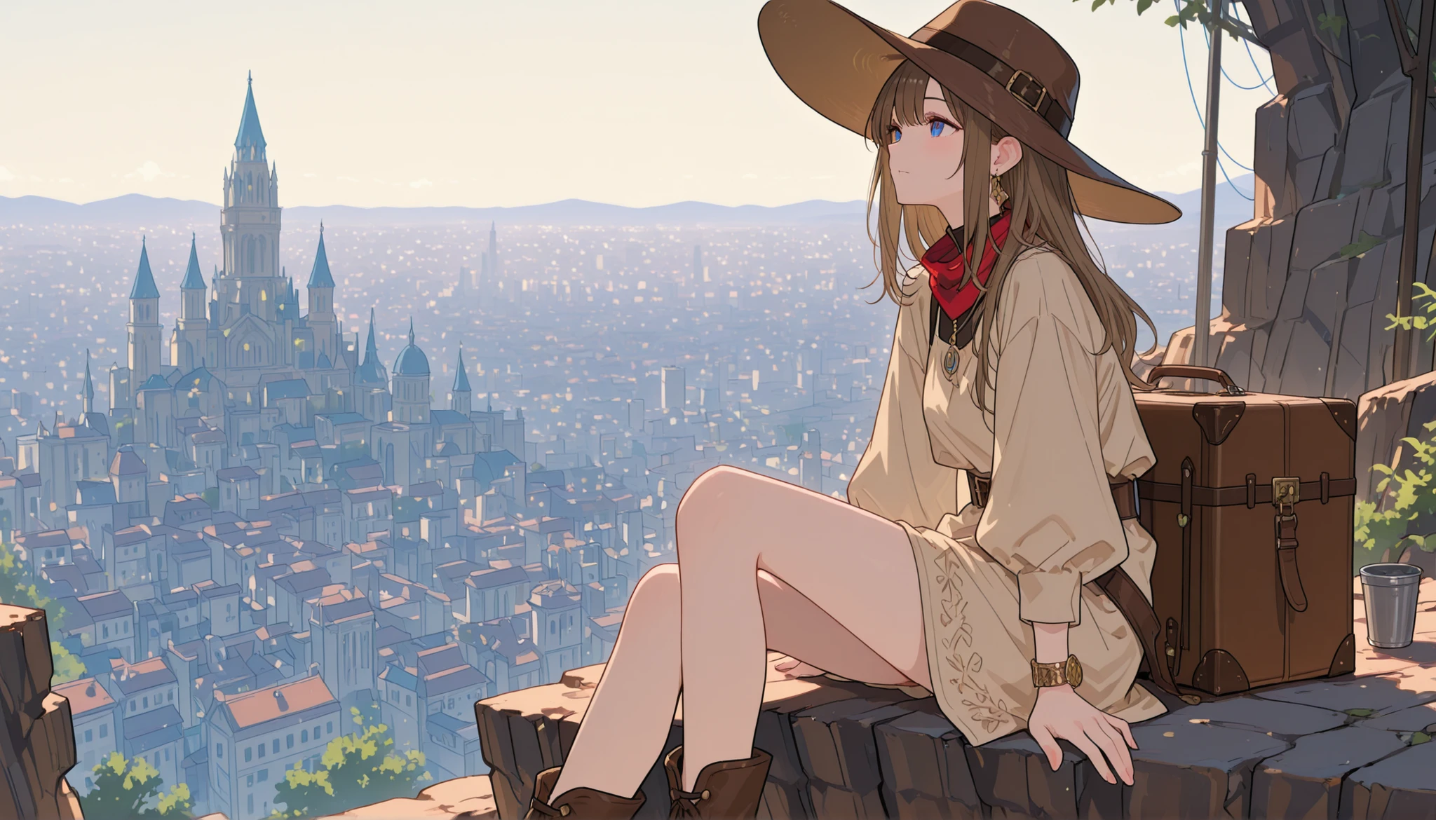 single girl、I'm traveling the world、Traveller's beige outfit、wearing a traveler's brown hat、has traveler's luggage、Sitting on a cliff、Superb view over the city、Free image、Fantasy、dull color