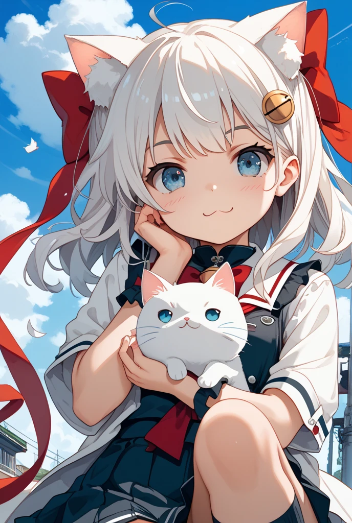 (masterpiece, best quality, highres:1.2),( background is the symbol of Union of workers and peasants):1.5, a propaganda poster of a sitting fluffy white kitten with a red bandana and wearing a military cap with a single star symbol on it, in the style of a soviet propaganda poster,