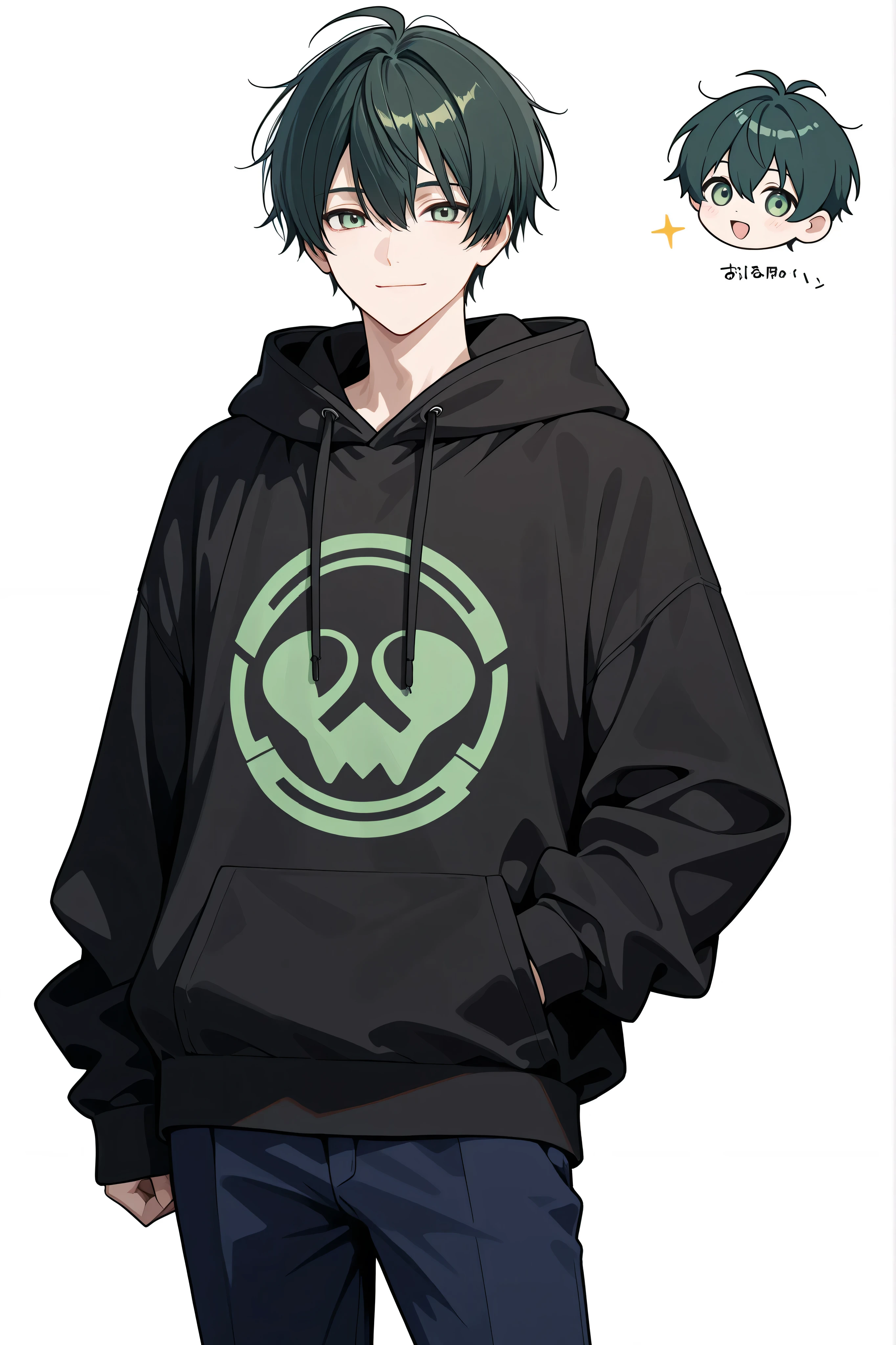 man, light smile, standing, looking at viewer, dark green hair, pale green eyes, black hoodie, navy blue pants, solid white background, full body shot