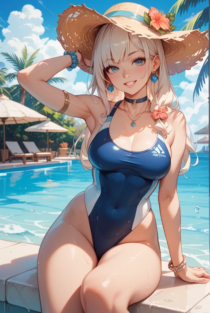 (1girl,(ultra detailed skin),beautiful breasts,large breasts,pale skin,pointy breasts,erect nipples),(Hyperrealist,(8k),ultra-realistic,high detail,high resolution,best quality,masterpiece,Sense of presence,Dynamic,bold),(thin hair:2),(soft hair:2),(straight hair]1.5),Swept long bangs,extra light coppery amber hair,hair over one eye,(clothed:1.5,competition swimsuit:1.5),pool side