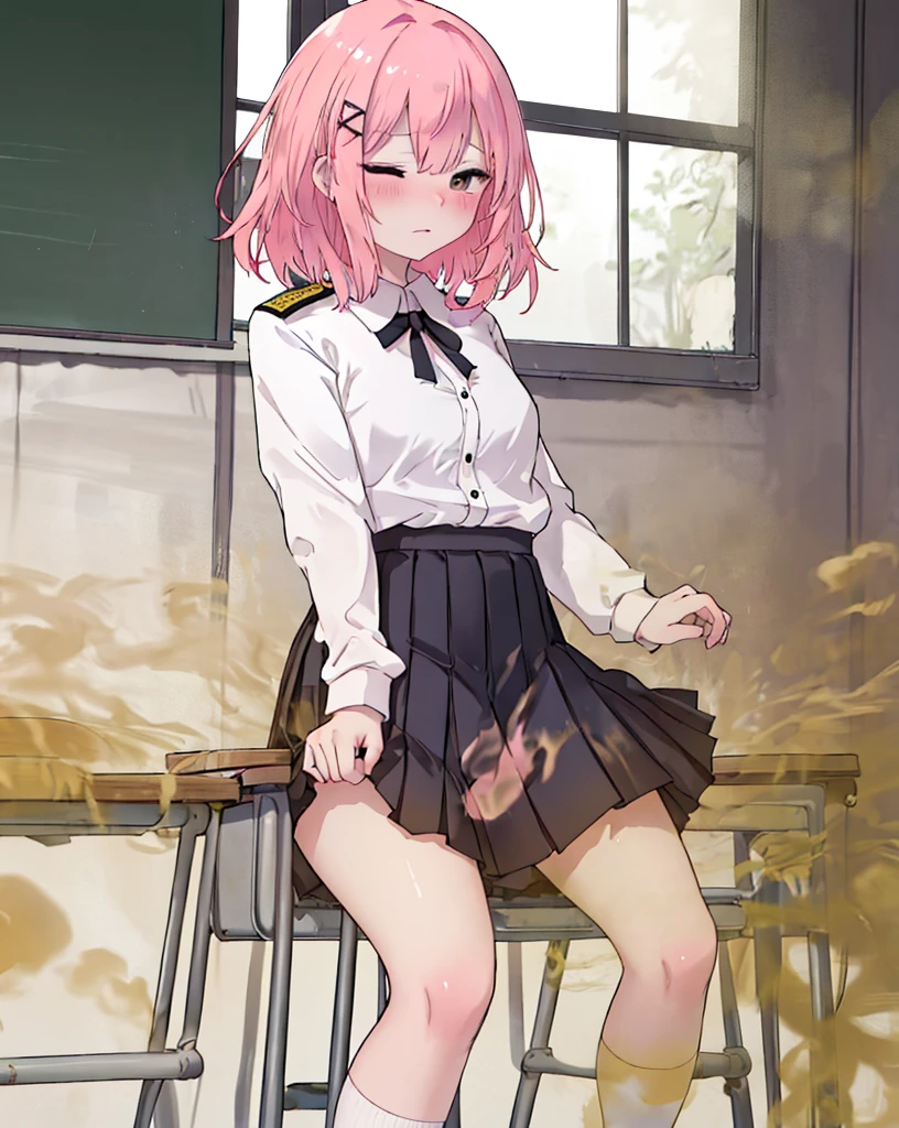 highest quality、masterpiece、((1 girl:1.5))、((Ahoge))、(blush:1.5)、(smile:1.5)、((fun!!))、cute、()、、high school girl、((classroom:1.5))、()、、Kamimei、look at me、(No panties:1.3)、((shaved pussy:1.5)), ((red bow tie, , black jacket, open jacket, white cardigan, white shirt, black skirt, plaid skirt、black socks))、 (No panties:1.3)、((shaved pussy:1.5))、(highly detailed closed labia:1.5)、((pee is coming out:1.8))、peeing、