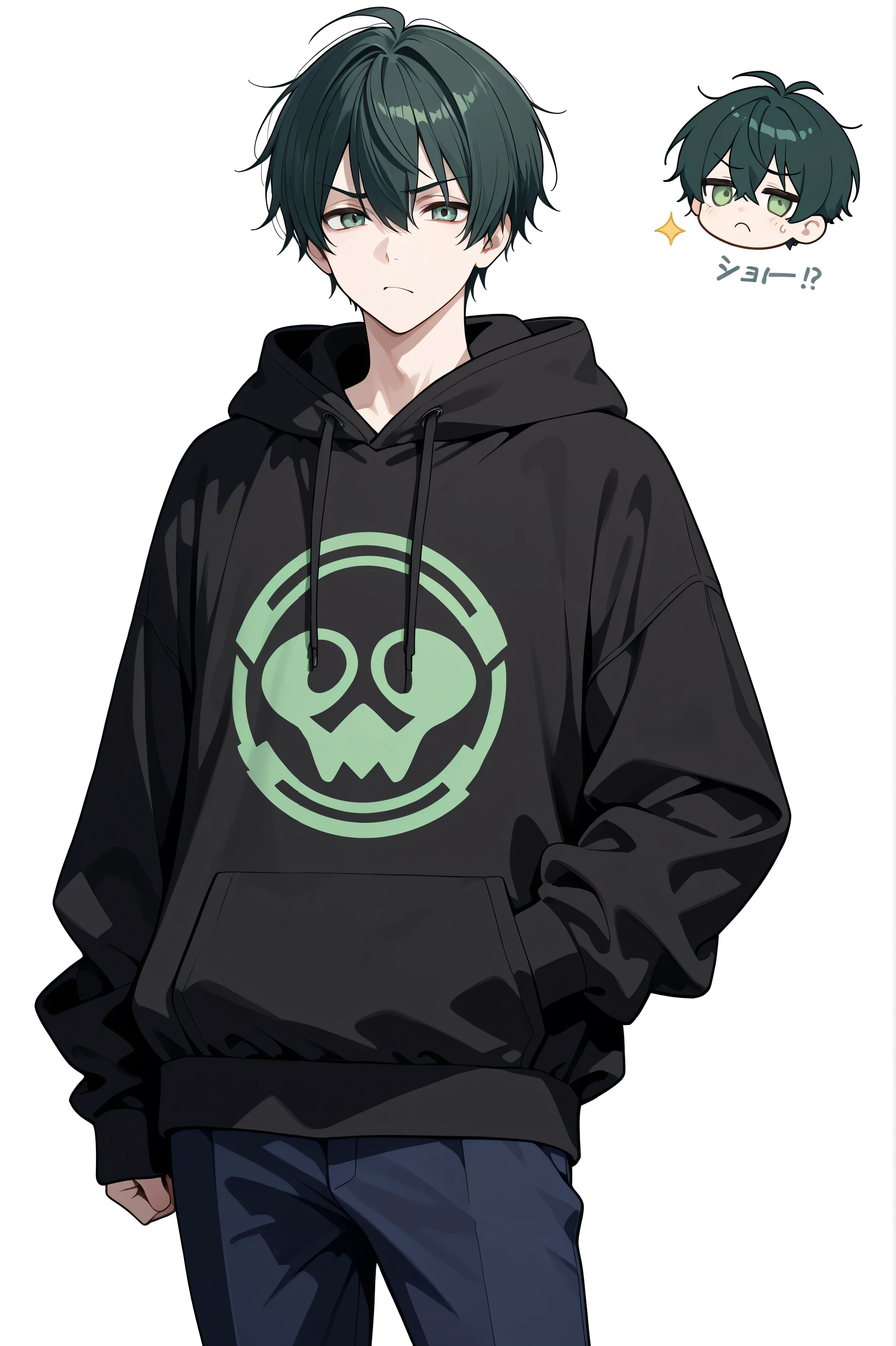 man, annoyed, standing, looking at viewer, dark green hair, pale green eyes, black hoodie, navy blue pants, solid white background, full body shot