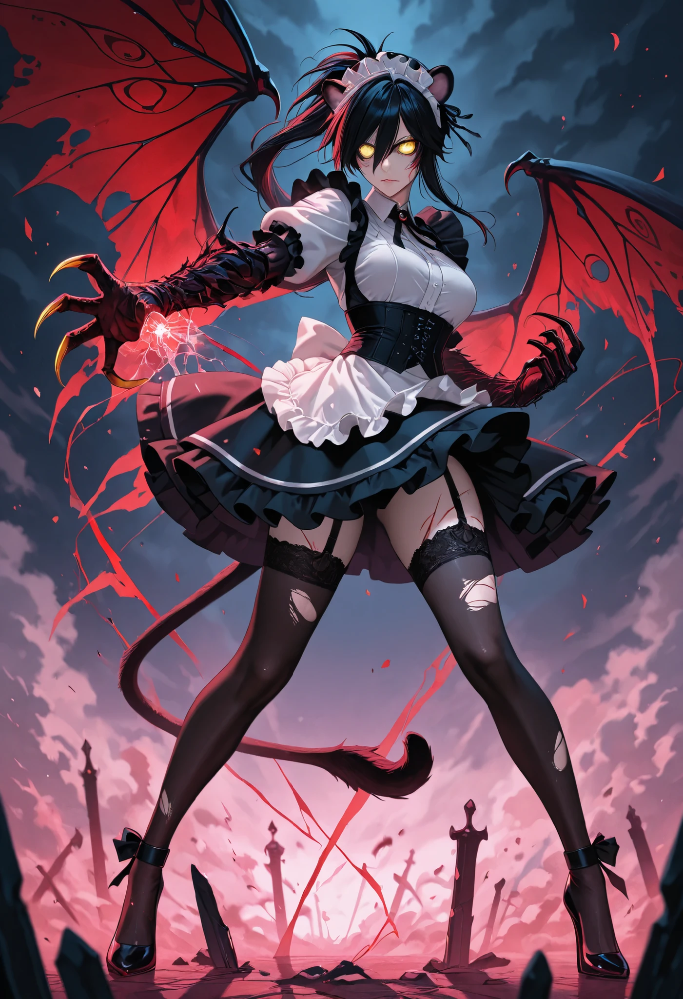delicate and beautiful CG artwork),(best quality, ultra-detailed, high resolution),(dynamic angle, dynamic lighting),(2 character),(long blue black hair), red eyes, beautiful face),(black transparent stocking),(vampire) (long sideburns) BREAK (pink hair),(pink), (princess),
