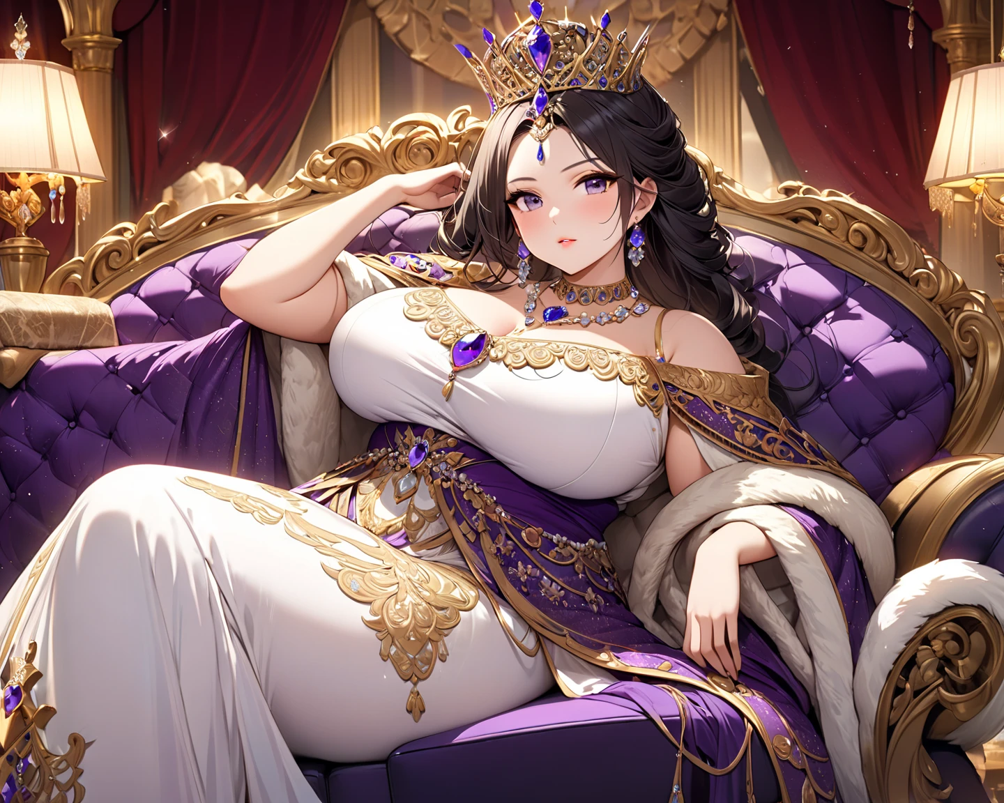 (((Highest quality, Flying debris, Ultra-high resolution、The most complex and detailed depiction、Awards, 8K、Bright and vivid)))、((1. Japanese Princess,pregnancy,Ultimate luxury with everything you can imagine,The most gorgeous purple and pink outfit,Purple and deep pink outfit,超巨大なThroneに座る,The most exquisite and luxurious luxury princess room,Shining in Complexity,Purple and deep pink glow、Beautiful brown hair、Front fixed,The best smile looking at the camera,Please laugh out loud,Smile kindly at me,Shot from close to the face)),((最もゴージャスなThrone、High-end Purple and deep pink outfits、A large amount of jewelry decoration,The world's largest giant tiara,Jewelry made with attention to detail,Detailed decoration,Glitter costumes,Shining Jewels、Huge decoration,Giant Costume,Big sleeves,Artistic decoration,Very detailed decoration,Very intricate decoration)),(Big and ample breasts,Familiar,Royal, Majestic, Queen, Queen quality,Tabletop, Intricate details,Realistic,, Front close-up, Throne, upright posture, Familiar顔,Perfect Teeth,White teeth,finely描かれた顔,Beautiful Face,Perfect Fingers,Just five fingers,High-quality RAW color photos, Professional photos, Very delicate and beautiful, Very detailed,finely)), (Huge and luxurious seats:1.2),fluffy