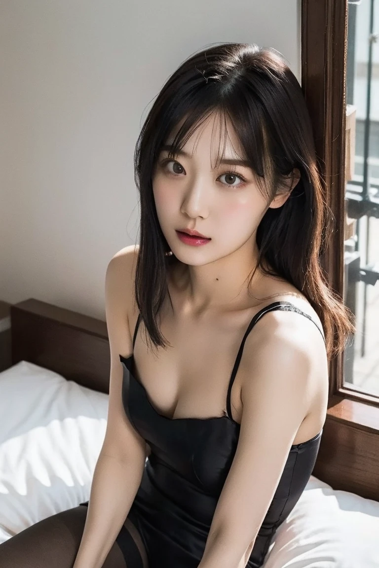(High resolution、8k:1.3)、masterpiece、(Ultra-realistic as a photo:1.3)、Very nice finish、perfect anatomy, Sharp focus, 超High resolutionの顔、highest quality、The face is in focus、Ultra high definition and beautiful eyes、Eyes are symmetrical、High quality and beautiful skin、Firm Skin、Japanese Girls, Slender、very cute、17 years old、(Party Dresses)、Thighs、Natural Makeup, (blush:1.3), (Embarrassing:1.3)、Sitting、(View your viewers:1.3),short hair, messy hair