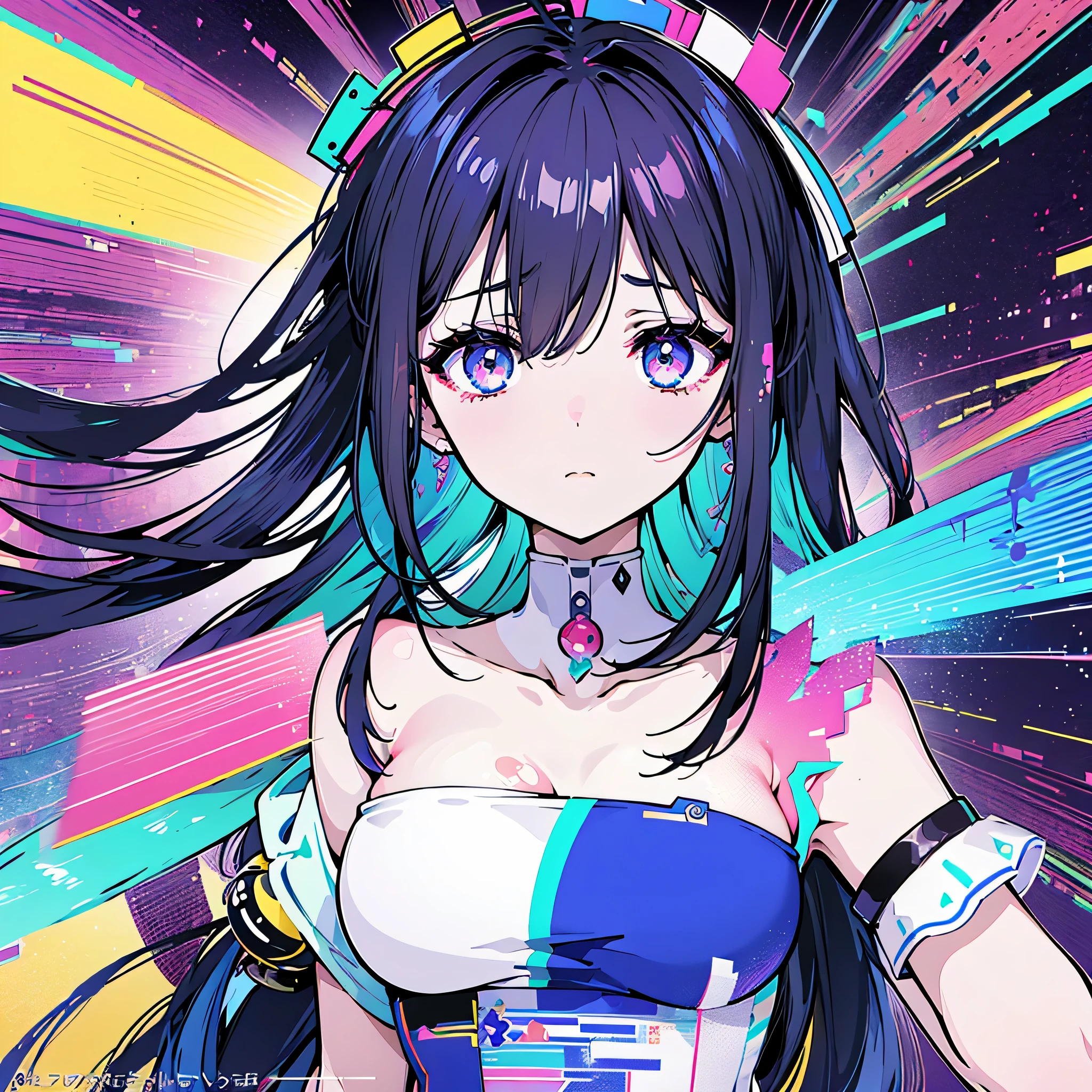 (Masterpiece, Top Quality, best quality, Official Art, beautiful and beautiful:1.2), 1女孩沉浸在Fault艺术的世界里, (Digital Distortion:1.1), Pixel-fragmented 、Faulty, noisy and Faulted, ( ( Fault pixel sorting ) ), Fault , Fault! , Faulted, Data curved, Fault!!,dispersion, Data corruption creates unique patterns, Colored noise adds an element of visual chaos, Contemporary aesthetics blend into her entire being. The girl's expression reflects a sense of fascination and surprise, As she explores the abstract universe around her. The background is a vibrant mix of colors, Each color blends seamlessly into the next, creates an enchanting effect. The lines and shapes within the image appear sharp and defined despite the Digital Distortion, exhibit