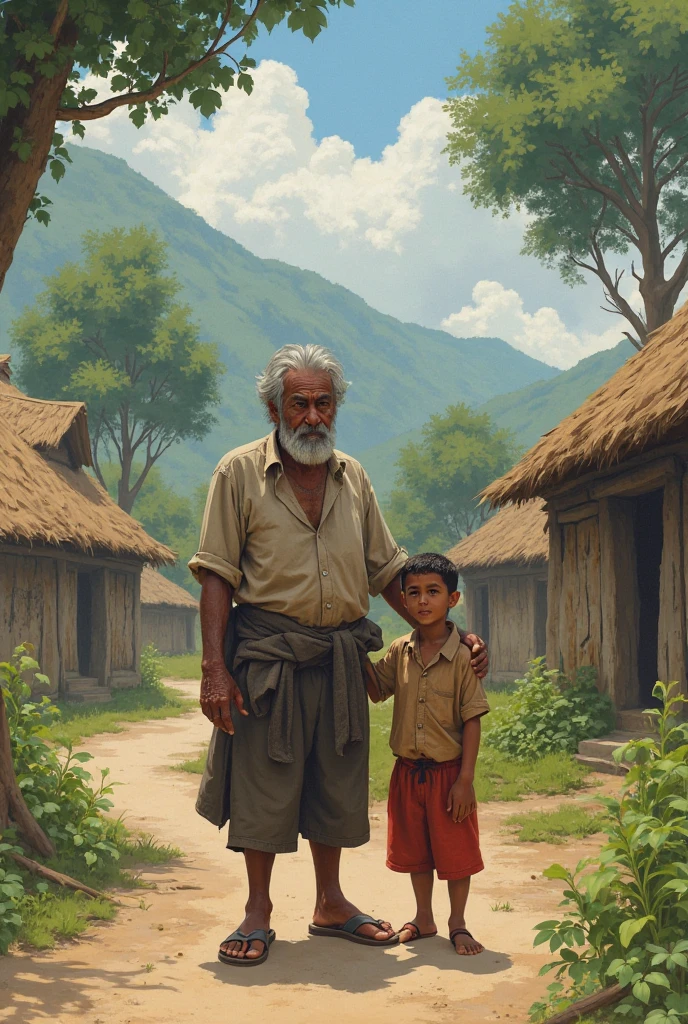 A boy walking with his father from his village to nearest city 'Belgaum' which is 20 Km far. They have kept gunny bag to protect themselves from rain.