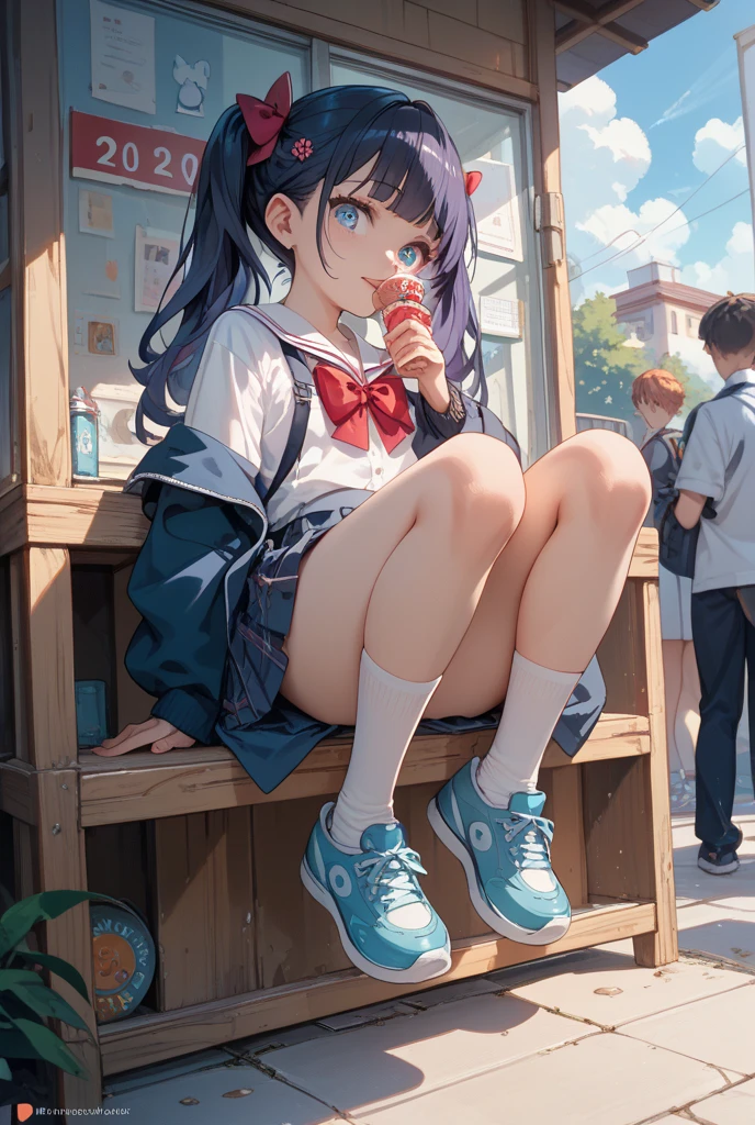 masterpiece, best quality, ultra detailed, 4K, no bad anatomy and fingers, beautiful young girl waiting at a bus stop while eating a popsicle, 18-year-old beautiful girl licking a popsicle while waiting for a bus, resembling Prinz Adalbert or Anchorage from Azur Lane, bus stop in Okinawa, summer, anime style, layered watercolor painting, rustic, triangular composition, cinematic, shiny appearance