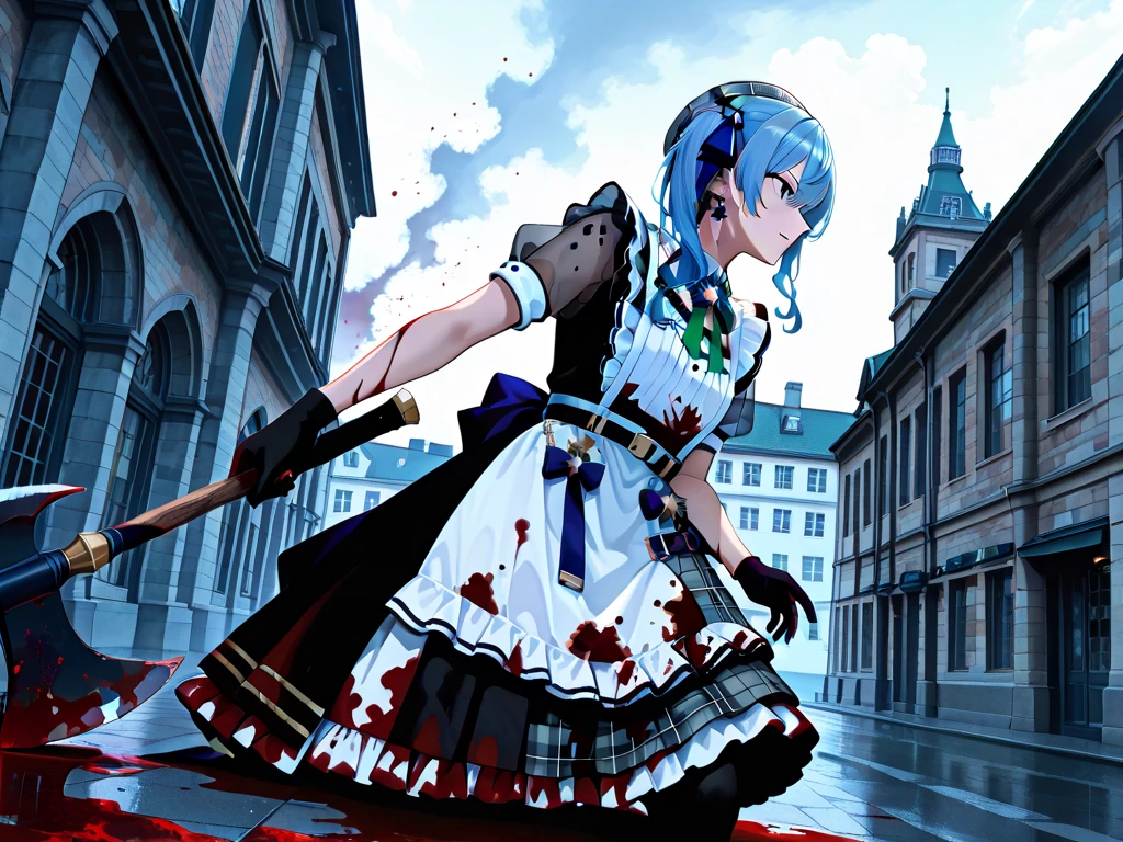 Suisei Hoshimachi with an axe, "Hoshimachi Suisei" in a maid outfit, Western-style building background, in battle,Blood-stained "Hoshimachi Suisei"