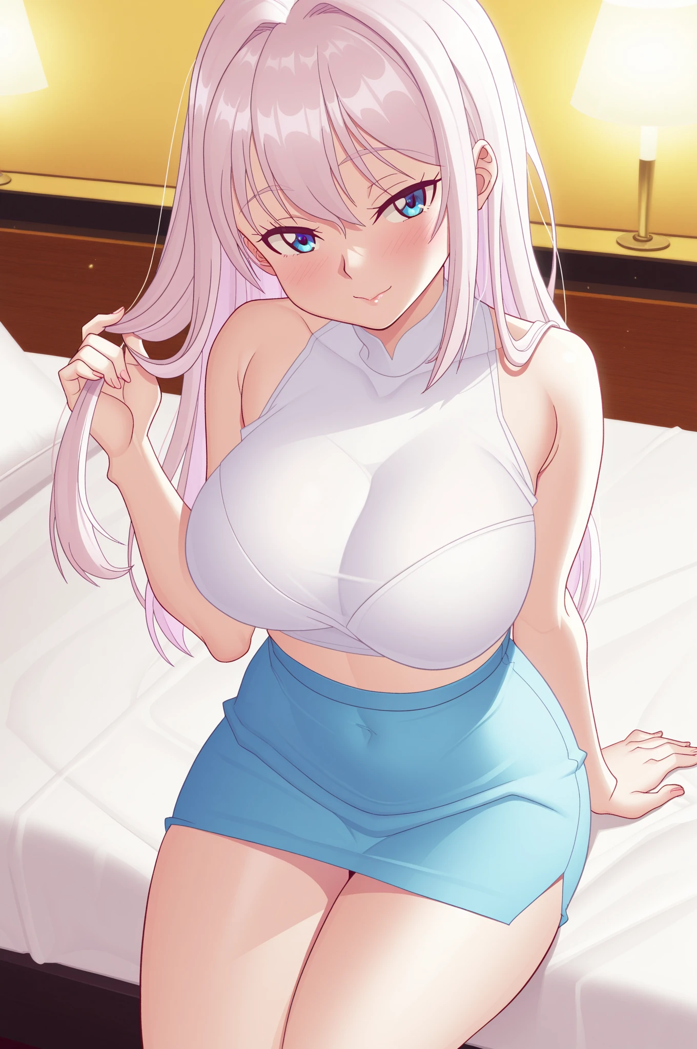 Hibana, 1girl, solo, portrait, smile, cleavage, laying down on bed, ((white strapless lace lingerie)), blush, perfect quality, good quality, masterpiece, HDR, UHD , big breasts, grab breasts, grabbing breasts, bouncing breasts, breasts out, nipples