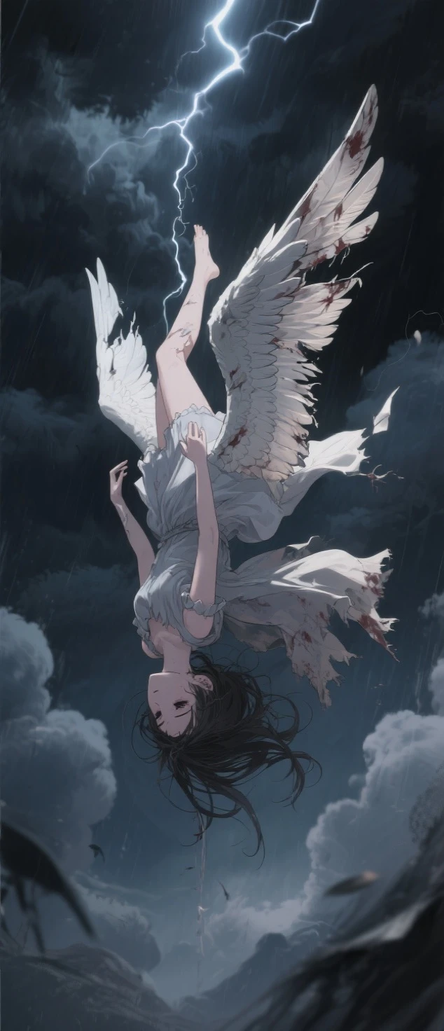 angelic girl falling upside down through a dark, stormy fantasy sky, her expression empty and hopeless, her once radiant wings torn, tattered, and stained, completely unable to fly; her delicate body is suspended mid-air, with a sensual and sorrowful posture, wearing a ragged flowing dress fluttering in the wind; surrounded by ominous clouds and flashes of lightning; anime style, dynamic composition, dark fantasy mood, cinematic lighting, beautifully detailed feathers, elegant yet tragic atmosphere
