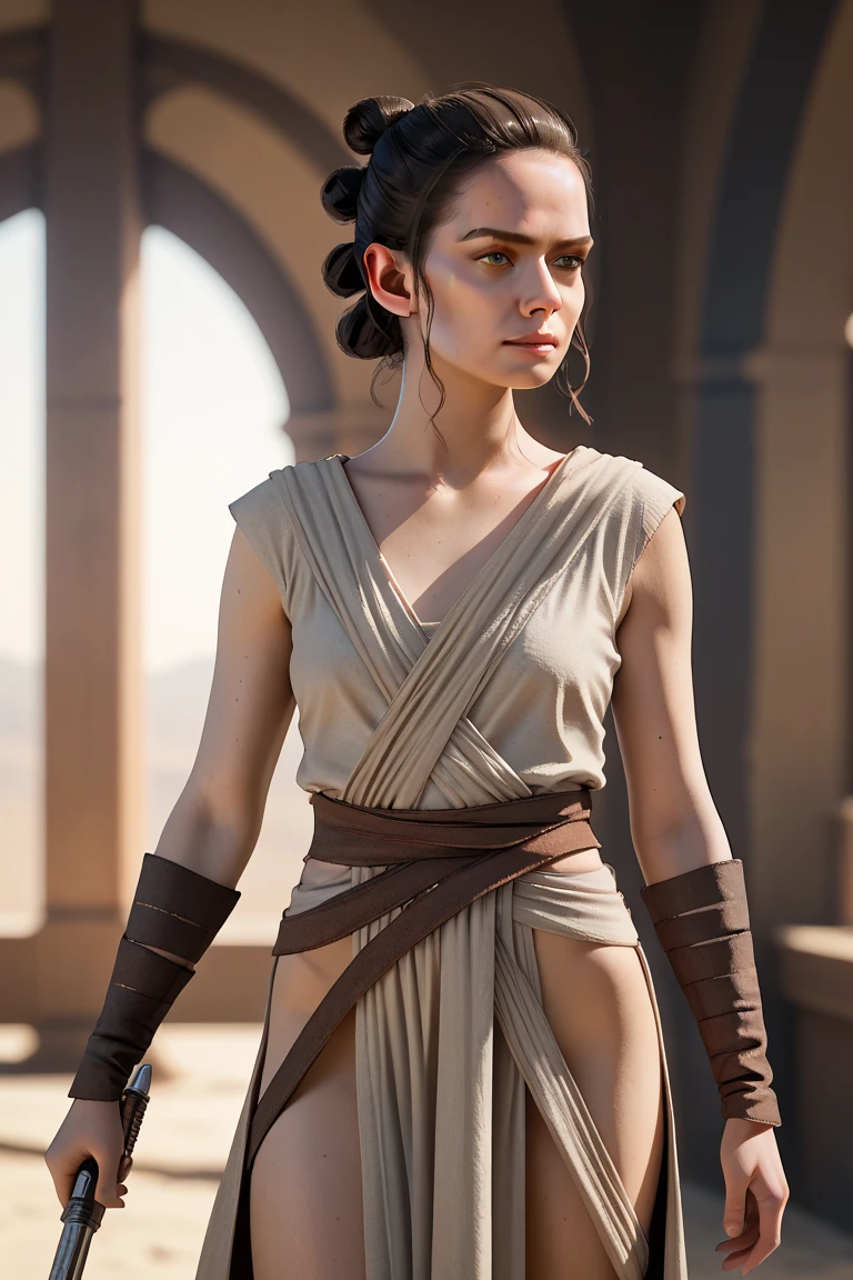 Daisy Ridley face, masterpiece 1.3, Ultrarealistic face, slim athletic physique, small flat breasts, round ass, cameltoe, sweaty body glistening skin, dirt covered around her body, shameful expression tears in her eyes, peed in her pants; "Rey sits alone in a dark room, her face buried in her hands, tears streaming down her cheeks. The weight of her Palpatine lineage and recent failures press heavily on her spirit."
