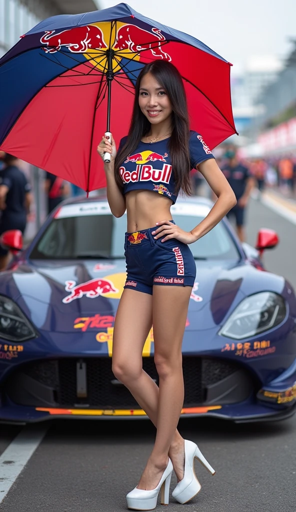 A Korean girl with a Ferrari Formula 1 team theme, with a sexy outfit referring to the Ferrari team, with a car referring to the Ferrari team