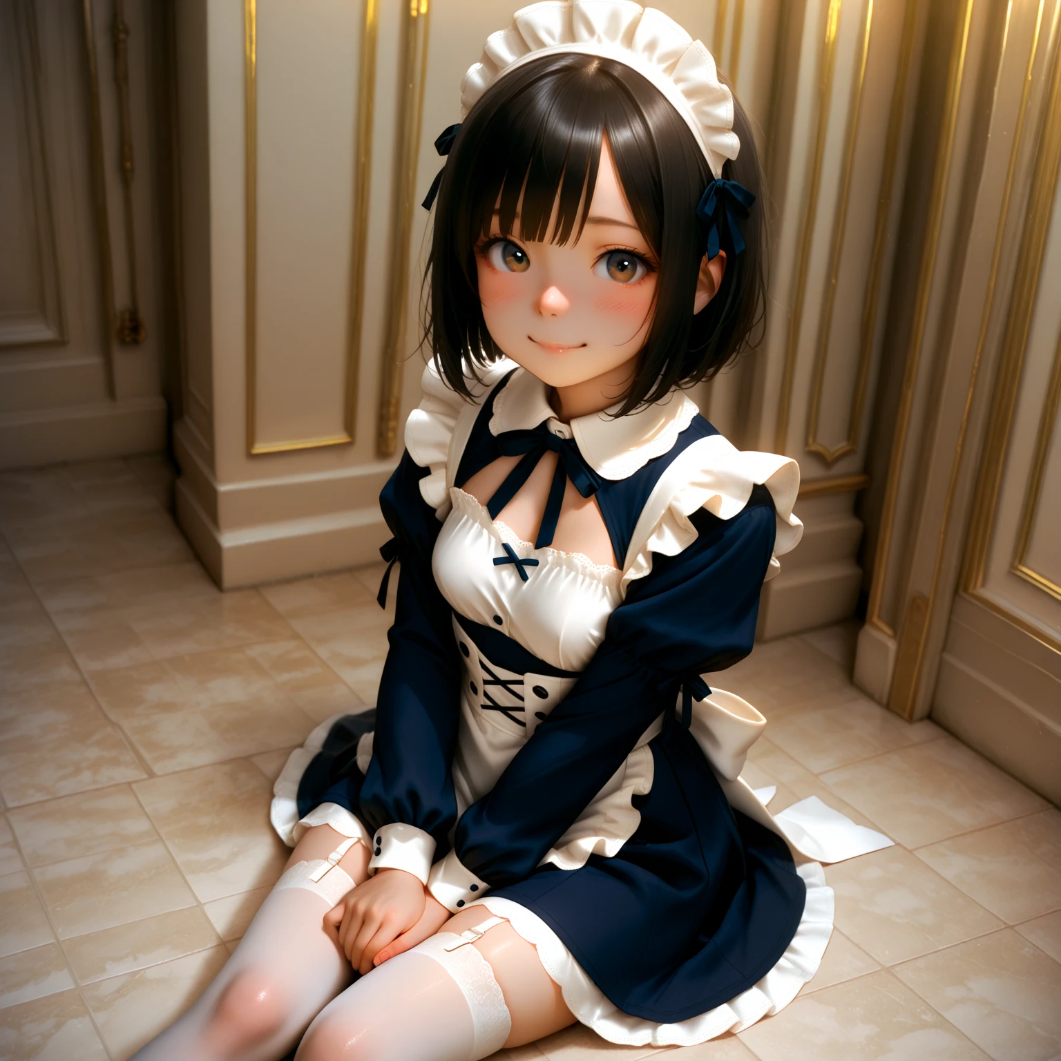 a close up of a doll sitting on a wooden step, cosplay of a catboy! maid! dress, maid dress, loli in dress, small loli girl, hyperrealistic schoolgirl, anime girl in a maid costume, loli, a hyperrealistic schoolgirl, magical school student uniform, small curvy loli, maid outfit, anime girl cosplay