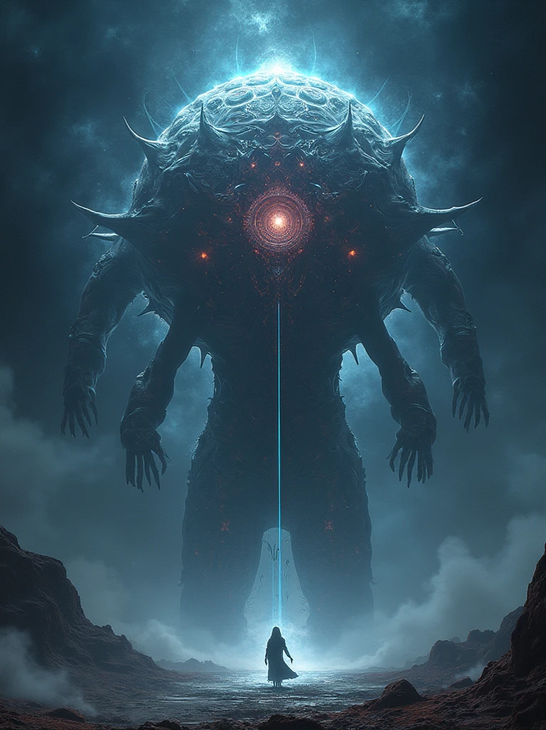 An alien creature from a galaxy far, far away,Demonstrates impressive supernatural abilities,This entity is shrouded in an aura of mystery and power.,Radiating dazzling energy and distinctly non-human features。Its sharp eyes look down upon the earth,Absorb the complexity of human culture and life。This scene is set against the backdrop of a vast, dark universe and mysterious alien structures.,The dark background further highlights the strangeness and huge size of the alien creatures.,The tiny earth is illuminated,Showing its beauty and diversity,This alien is unlike any life form on Earth,Standing in front of a large Zerg-style spaceship,This spaceship is StarCraft style,Alien beauty,The edges are uneven,Unique structure,As if there is life
