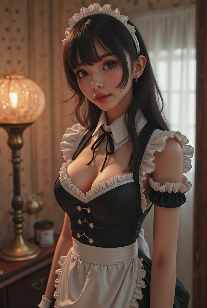 (8K, Raw photo, Best Quality, masutepiece:1.2), high-definition RAW color photography, professional photograpy, cowboyshot, (Realistic, photographrealistic:1.37), ((Best Quality)), 1womanl, Cinematic Light, (finerly detailed face:1.2), (masutepiece:1.5), (Best Quality:1.2), (Mole:0.5), (Smiling:0.9), (Looking at Viewer:1.2), White panties, bowtie, (Detailed Maid:1.2), breasts on table