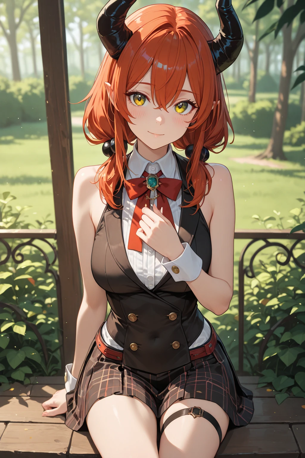 An anime girl with red hair and blue eyes wearing a skirt and an open shirt revealing a black and red bra