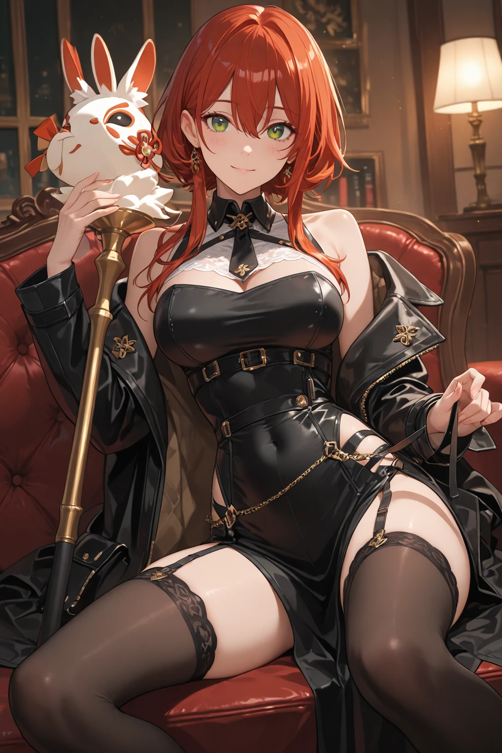 masterpiece, top-quality, ((1womanl)), different red color, finely eye and detailed face, intricate detailes, Casual black and red attire, window, A smile, Happiness, tenderness, high-level image quality、selfee, Beautuful Women、tall、a small face, D-cups, The upper part of the body、nightfall, nighttime scene、𝓡𝓸𝓶𝓪𝓷𝓽𝓲𝓬、Korea person, Idol Photos, Model photo, k pop, Professional Photos, Vampires, Korean fashion in black and red, Fedoman with necklace, inspired by Sim Sa-jeong, androgynous vampire, :9 detailed face: 8, extra detailed face, detailed punk hair, ((eyes are deialed)) baggy eyes, Seductive. Highly detailed, semi realistic anime, Vampires, hyperrealistic teen, Delicate androgynous princess, imvu, ((short hair woman)), red hair woman with wild look, ((Woman with short red hair, big perky breasts, deep cleavage, oily skin, oily body)), ((1 persons)),(( Sitting on sofa, legs crossed, POV from below, ))