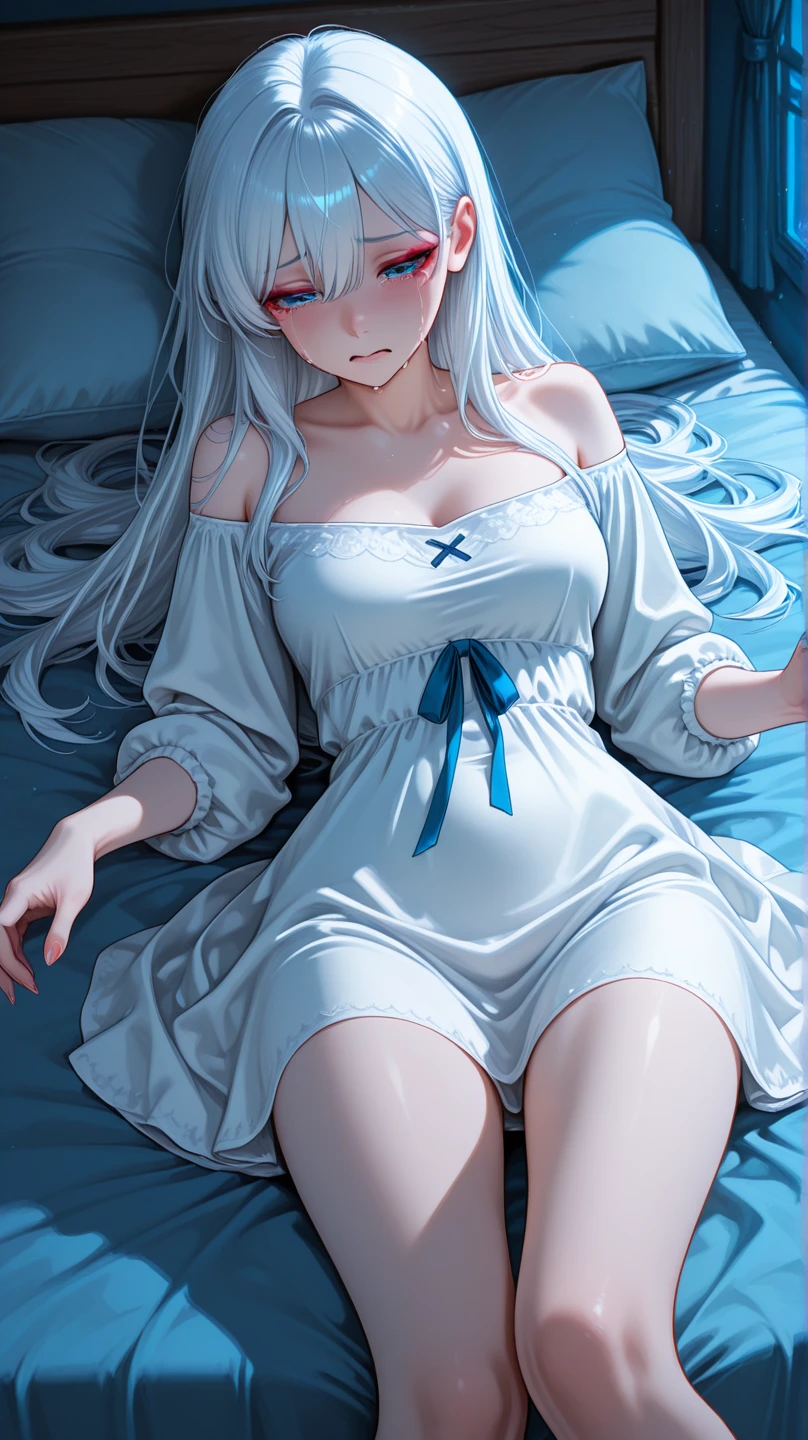 (8K, Highest Quality, Masterpiece:1.3)), Ultra High Resolution, (One Girl, One Person), (Color Changing Eyes, Super Detailed, Expressive Sparkle, Sparkling, Glowing Eyes), Highly Detailed Eyes, Highly Detailed Face, Random Hair, (Silver-Grey Color), "Topless Woman". The silver-haired woman is lying on her back on a soft bed. Her hair is spread out and has a silky sheen that blends into the bedspread. The camera is angled from above, giving a full view of her. Her expression is slightly shy, and her cheeks are tinted a pale pink. A white, delicate lace bra is visible on her chest, its design both cute and sexy. Her hands are naturally placed on either side of her body, her fingertips lightly gripped. A soft pillow is supporting her back, beautifully highlighting her curves. In the background, soft curtains are rustling in the wind, and the gentle light coming in through the window beautifully illuminates her silver hair and skin. The entire illustration is filled with fantastical seven-colored light particles, creating a dreamlike atmosphere.