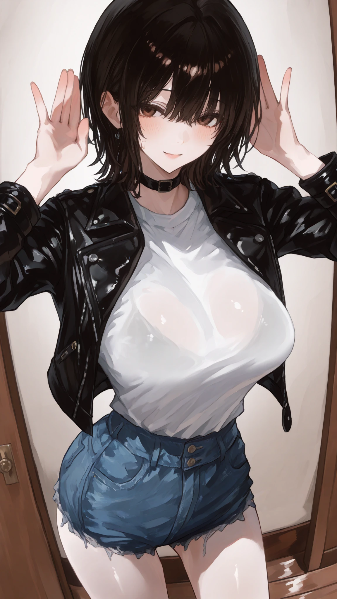 1girl, milf, shy face, red eyes, tomboy Pixie haircut, very Short hair, black hair, hair over one eye, black choker, white micro top bandeau, belly, huge breast, thicc legs, extreme micro shorts, stockings, black lipstick, black lipstick ear piercings, cowboy shot