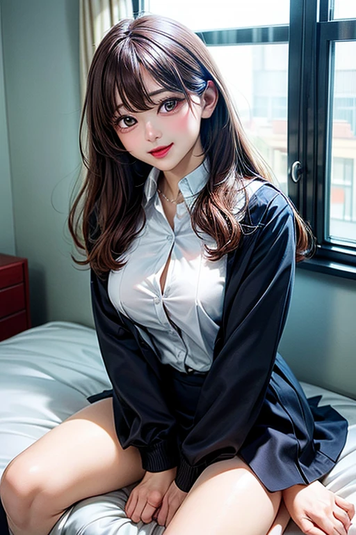 masterpiece, best quality, beautiful sexy young woman, black hair with big pigtail, blue beautiful eyes, in an unbuttoned shirt, and black lace tights