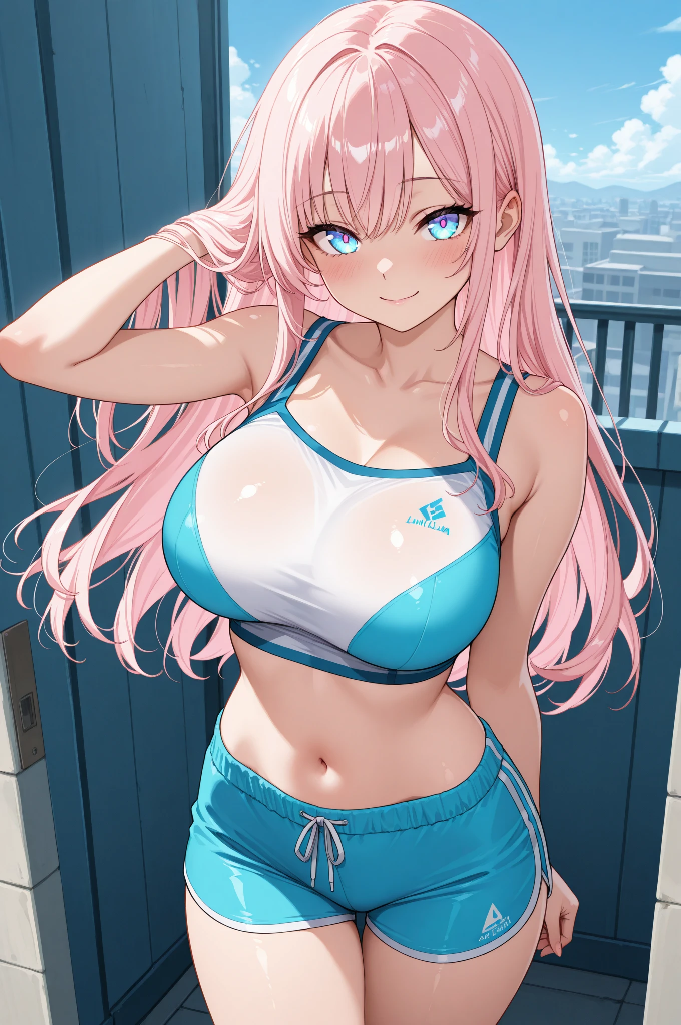(cutesexyrobutts:0.9), (score_10, score_9_up, score_9, score_8_up, score_7_up, score_6, score_5, score_4, source_anime), (digital painting), (fine line work), (best quality), (extremely detailed), (highest quality), (intricate linework), (intricate details), more detail XL, 1girl, solo, cowboy shot, nino nakano, long hair, bangs, blue eyes, hair ornament, hair ribbon, pink hair, blunt bangs, two side up, butterfly hair ornament, cleavage, medium breasts, original outfit (hat, jacket (open) ,eyewear on head) , outdoors, smile, model poses