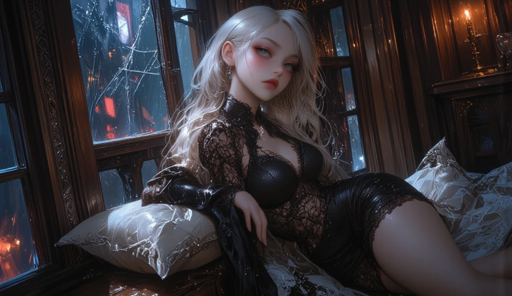 8k、Masterpiece、NSFW、20Year-old beauty、1people、Silver blonde with thick braids、Sensual Body、Perfect Face、Aroused expression、Ecstatic expression、Glamour、Huge breasts、Erect nipples、Curved waist、Big Ass、View from the front、Accurate anatomy、Bend your knees、With legs wide open、A black silk bra that doesn't cover the nipples、Silk panties that don't hide pussy、Futanari、Erect cock、Wearing black patent leather high heels、Patent leather gloves up to the elbow、