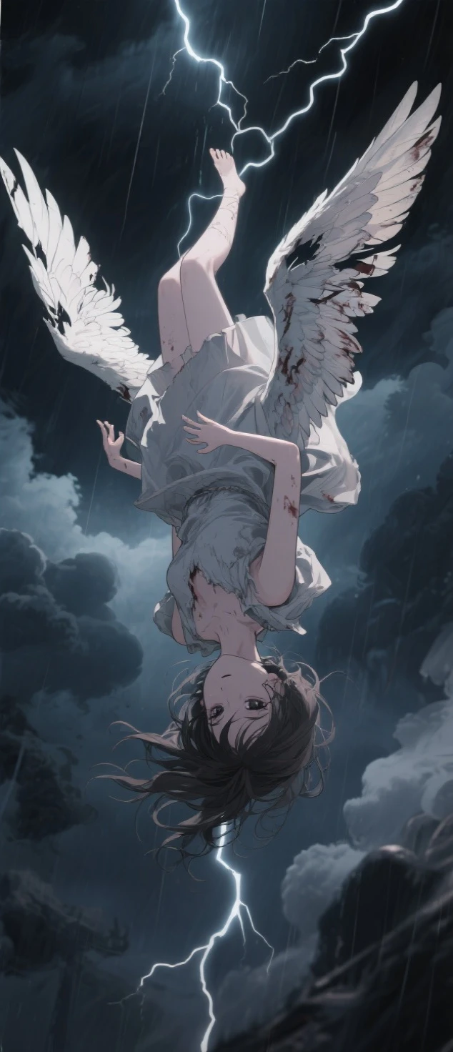 angelic girl falling upside down through a dark, stormy fantasy sky, her expression empty and hopeless, her once radiant wings torn, tattered, and stained, completely unable to fly; her delicate body is suspended mid-air, with a sensual and sorrowful posture, wearing a ragged flowing dress fluttering in the wind; surrounded by ominous clouds and flashes of lightning; anime style, dynamic composition, dark fantasy mood, cinematic lighting, beautifully detailed feathers, elegant yet tragic atmosphere