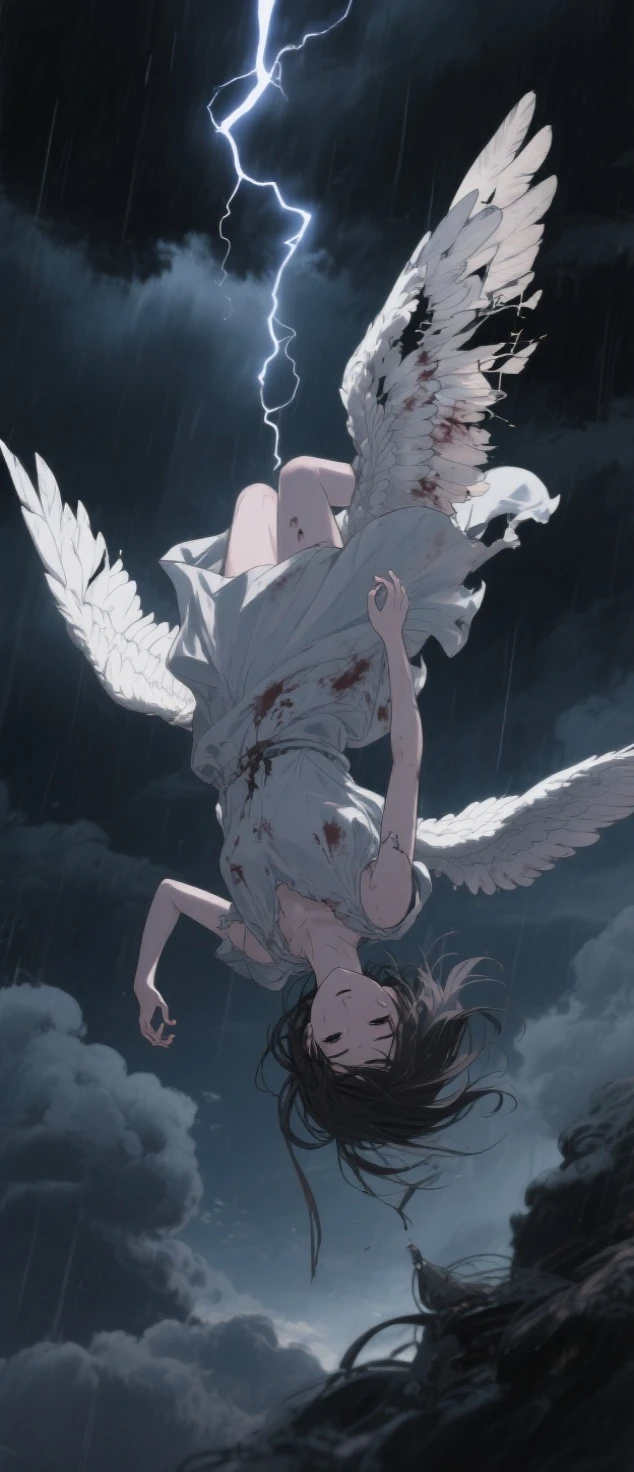 angelic girl falling upside down through a dark, stormy fantasy sky, her expression empty and hopeless, her once radiant wings torn, tattered, and stained, completely unable to fly; her delicate body is suspended mid-air, with a sensual and sorrowful posture, wearing a ragged flowing dress fluttering in the wind; surrounded by ominous clouds and flashes of lightning; anime style, dynamic composition, dark fantasy mood, cinematic lighting, beautifully detailed feathers, elegant yet tragic atmosphere