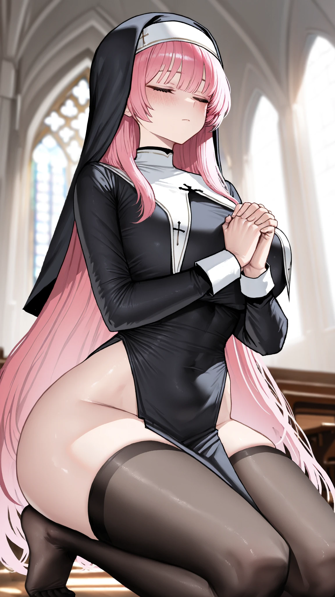 Beautiful tall redhead nun, with big tits, long legs, good thighs and good ass, wearing long black stockings above the knees, with black heels, totally exposing her tits and vagina. Her tits and vagina are completely naked. She is crushing a man&#39;s big penis with her heels in a very sensual way. She is crushing a man&#39;s big penis with her heels in a very sensual way. She is crushing a big penis with her heels in a dominant way, she is rubbing his penis with her heels, His heels are rubbing the big penis