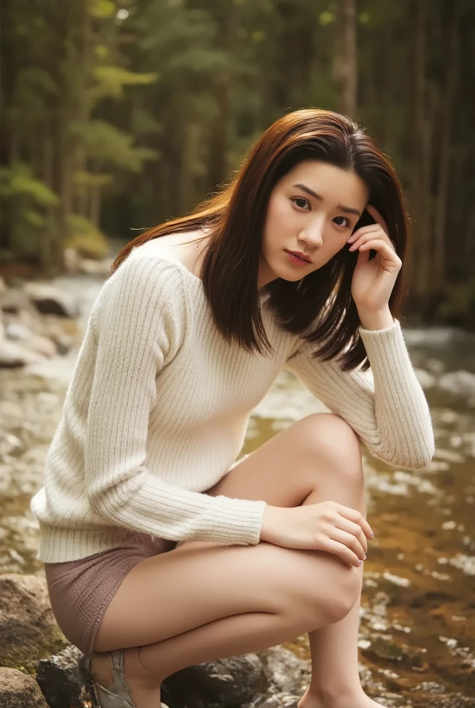 ((High-definition images, masterpiece, atmospheric perspective, 8K, Super detailed, Accurate, highest quality, single shot)), (((cute western woman masturbating))), (casual style), Jacket, unbuttoned shirt, swollen areole, (round face, realistic eye size, droopy eyes, blush, smile), (((stand and spread your legs, ))), (in the forest, Mountain, rock, Narrow River, At night), blonde braid hair, small earrings, thin necklace, (light makeup),